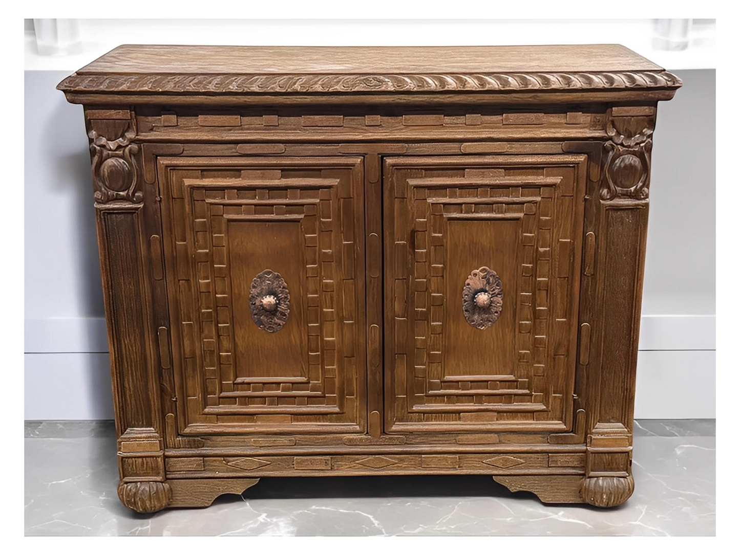 Castellan Chest, Antique Brown, Hand Crafted Geometric Panel Details With Rosette Hardware