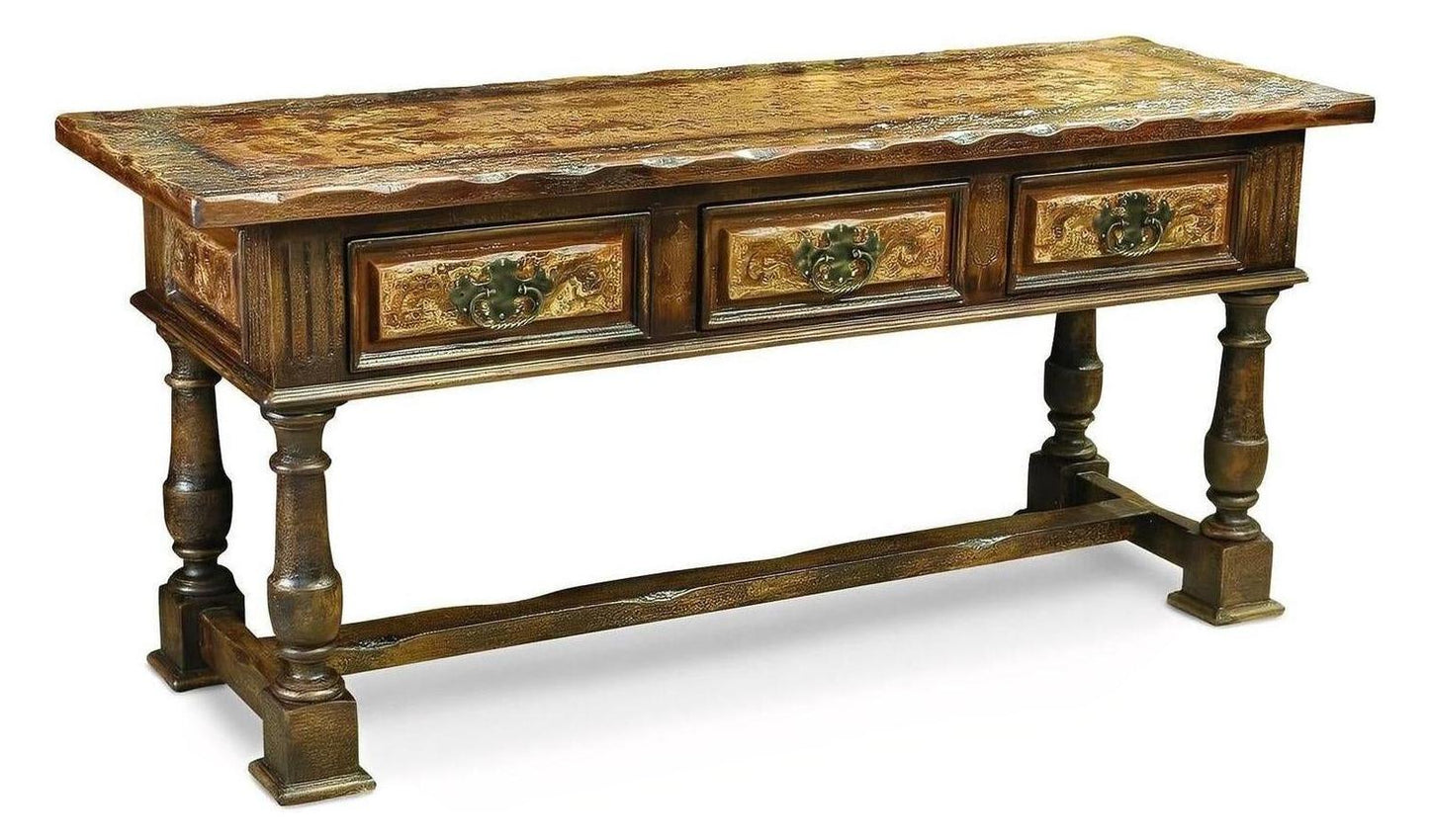Salers Console Table, Dark Walnut, Three-Drawer Rustic with Antique Pulls