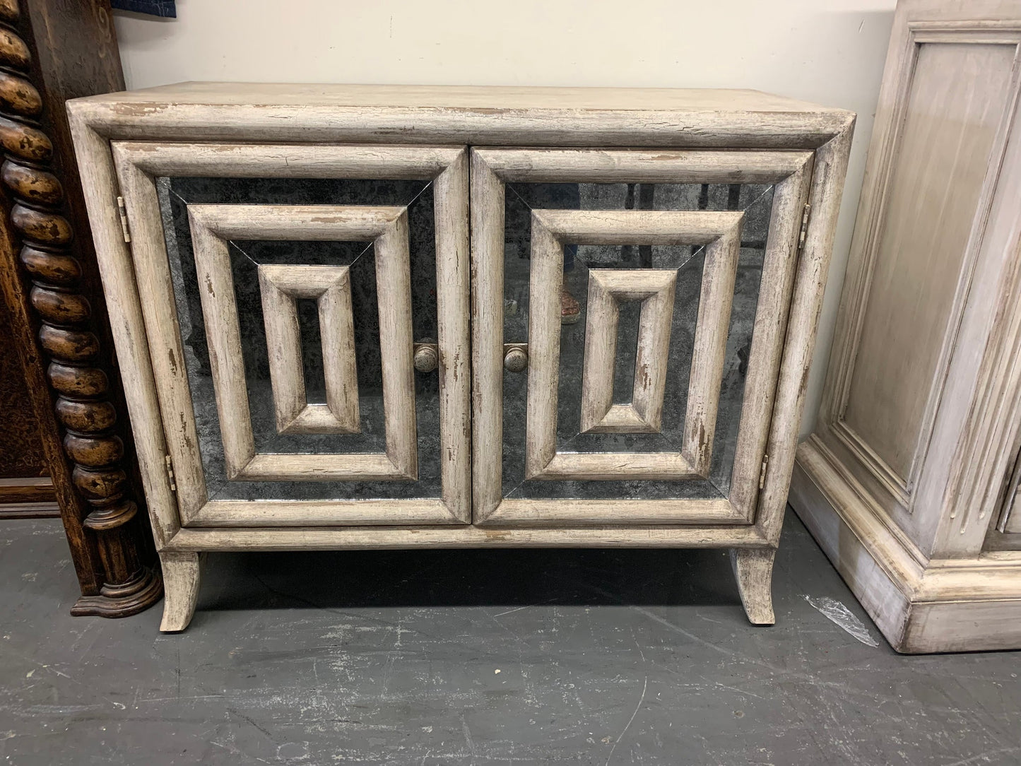 Lavardin Chest, Distressed White, Two Door Cabinet With Mirrored Panel Inset Frames