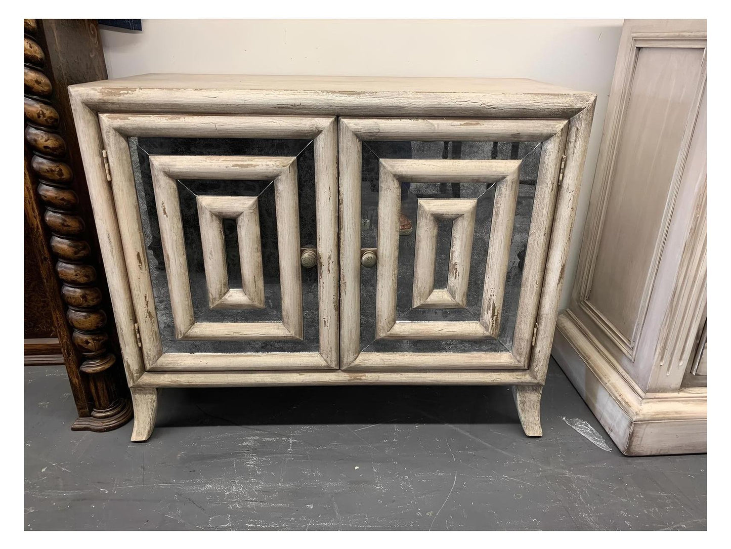 Lavardin Chest, Distressed White, Two Door Cabinet With Mirrored Panel Inset Frames