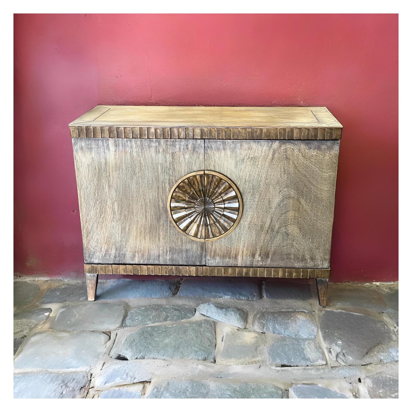 Gordes Chest, Brown Distressed Walnut, Circular Brass Sunburst Medallion Hardware With Aged Finish