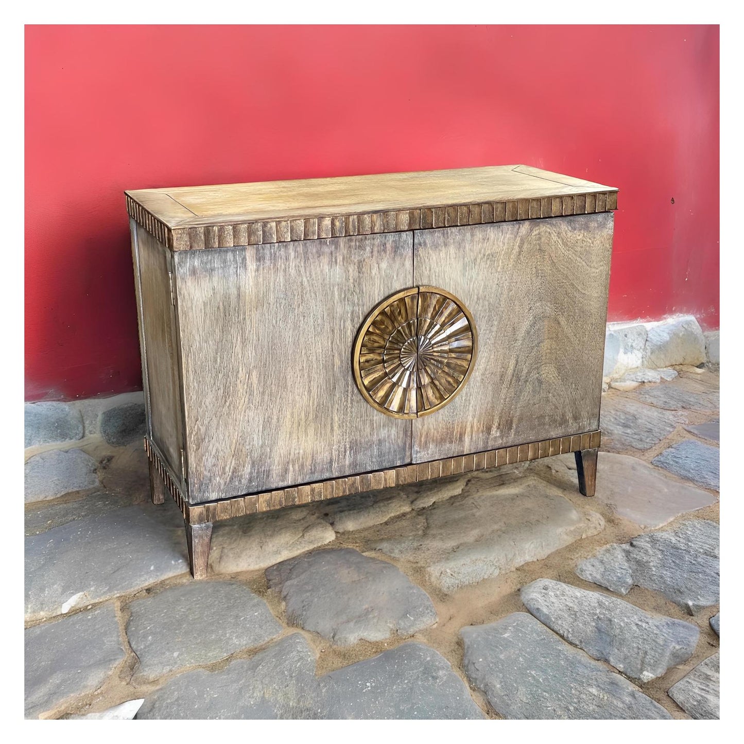 Gordes Chest, Brown Distressed Walnut, Circular Brass Sunburst Medallion Hardware With Aged Finish