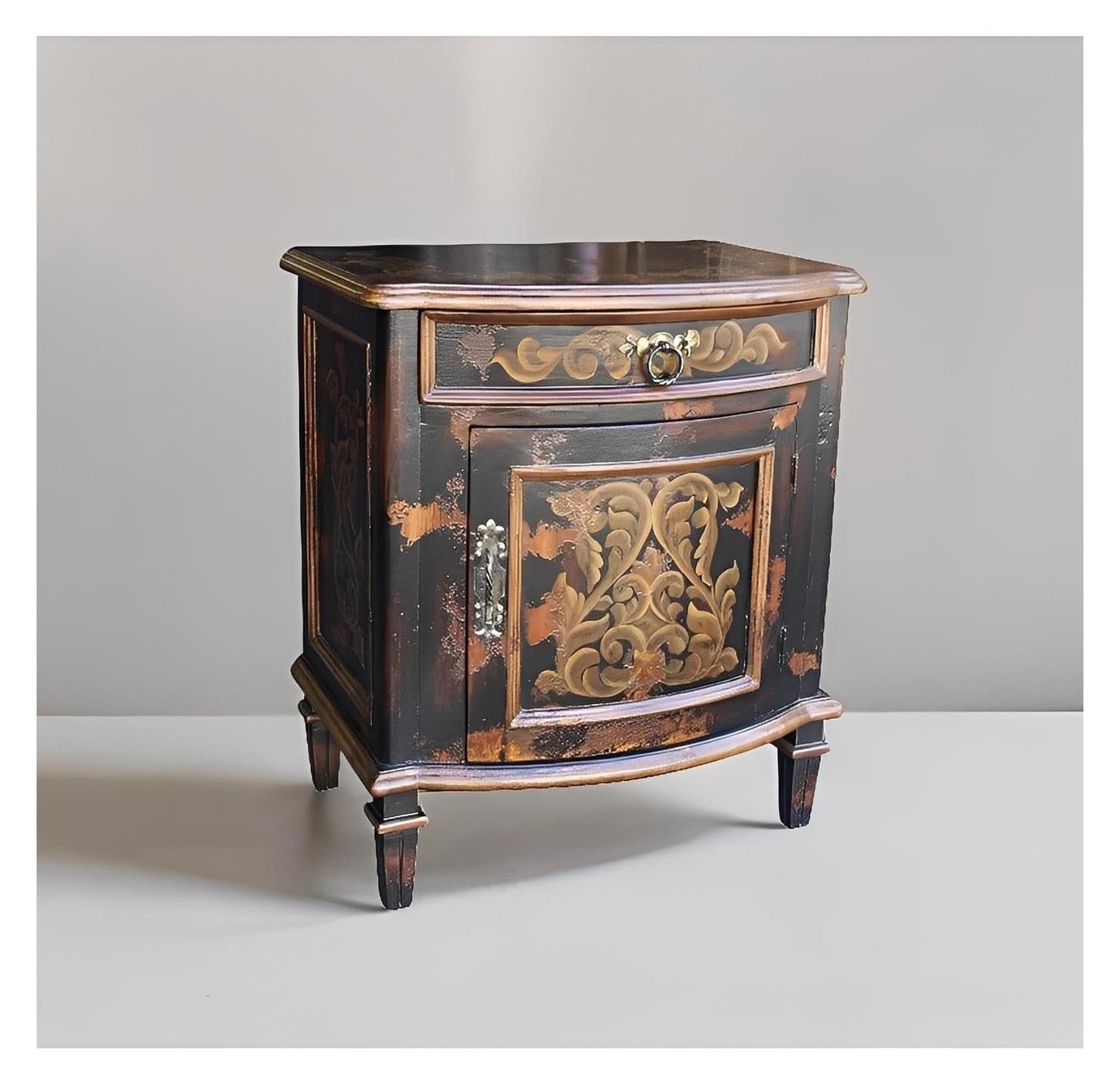 Casteljaloux Nightstands (2-Pack) Antique Black with Distressed Finish and Ornate Gold Scrollwork