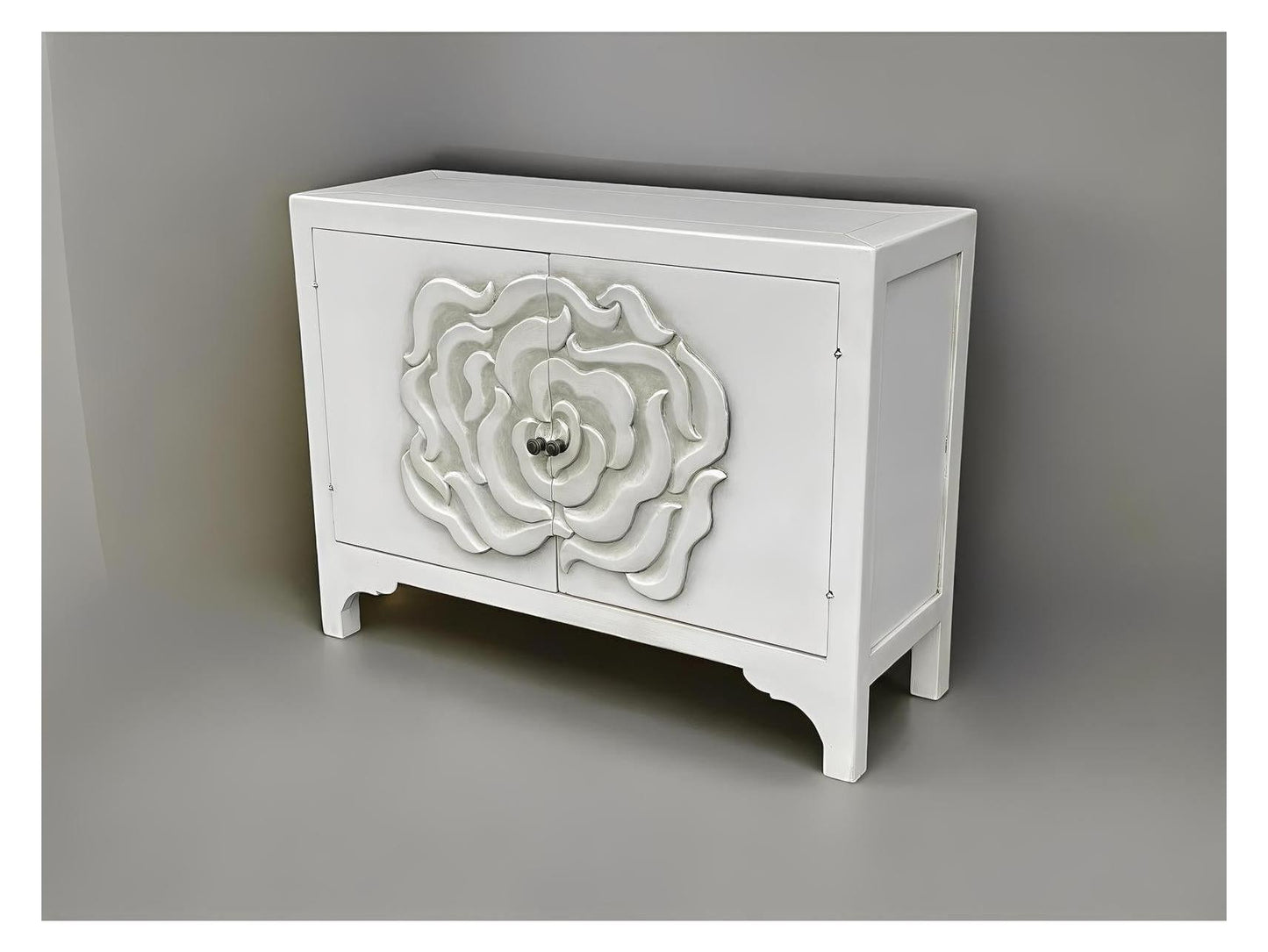 Laguiole Chest White, Hand Carved Floral Rose Motif On Doors, Matte Finish, Premium Hardware