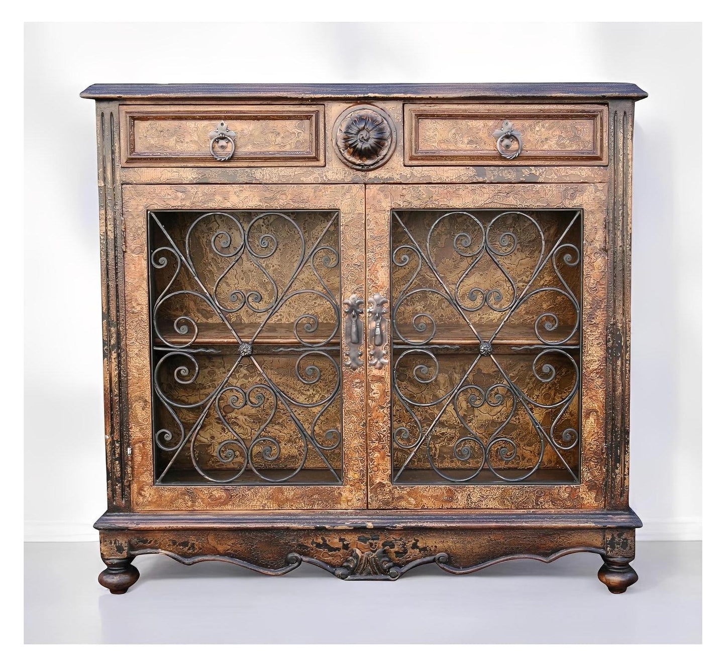 Étretat Chest, Antique Copper, Wrought Iron Scrollwork Cabinet Doors With Glass Panels