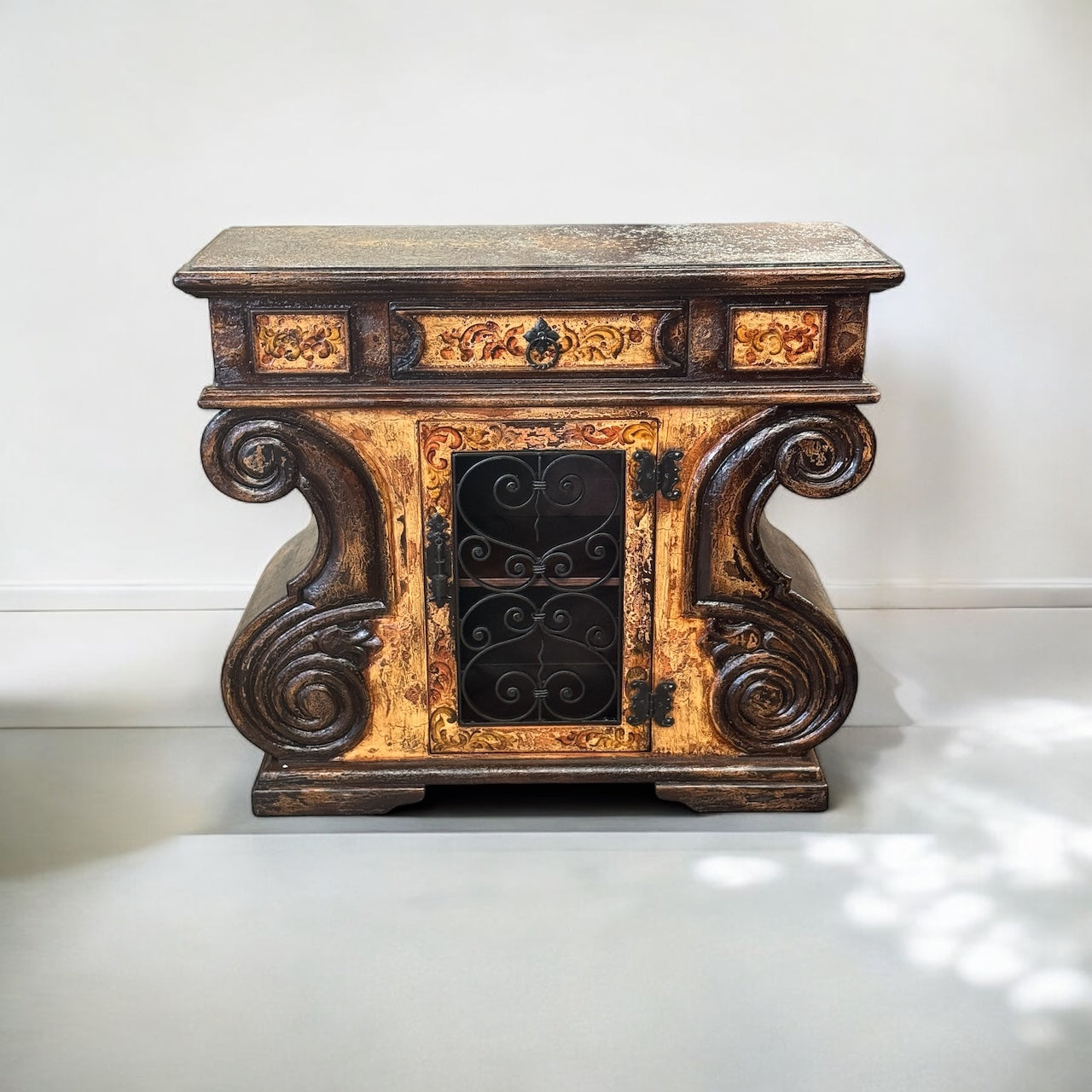 Grignan Chest, Antique Brown With Gold Accents, Wrought-Iron Grille Door