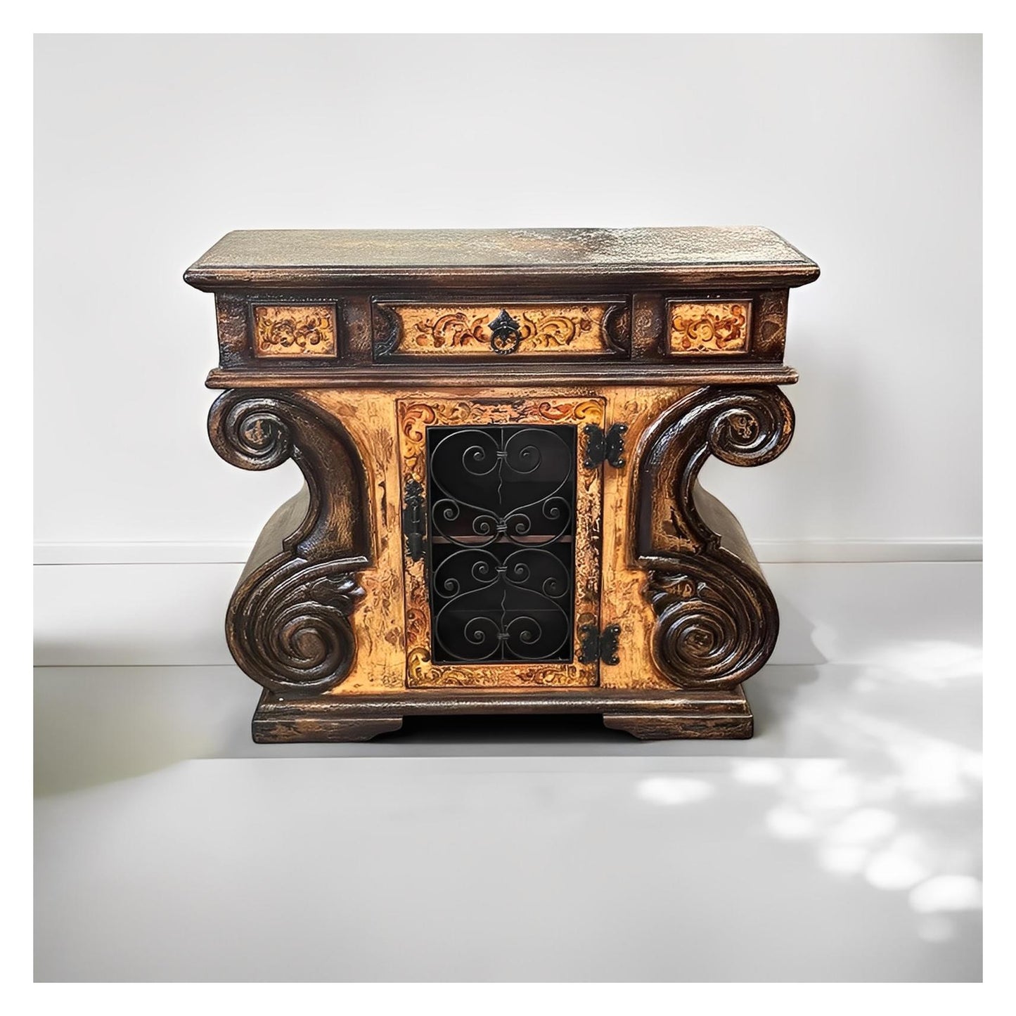 Grignan Chest, Antique Brown With Gold Accents, Wrought-Iron Grille Door