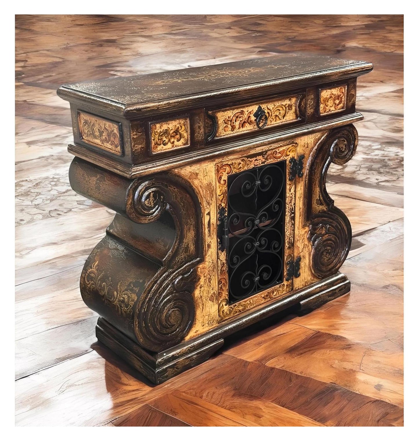 Grignan Chest, Antique Brown With Gold Accents, Wrought-Iron Grille Door