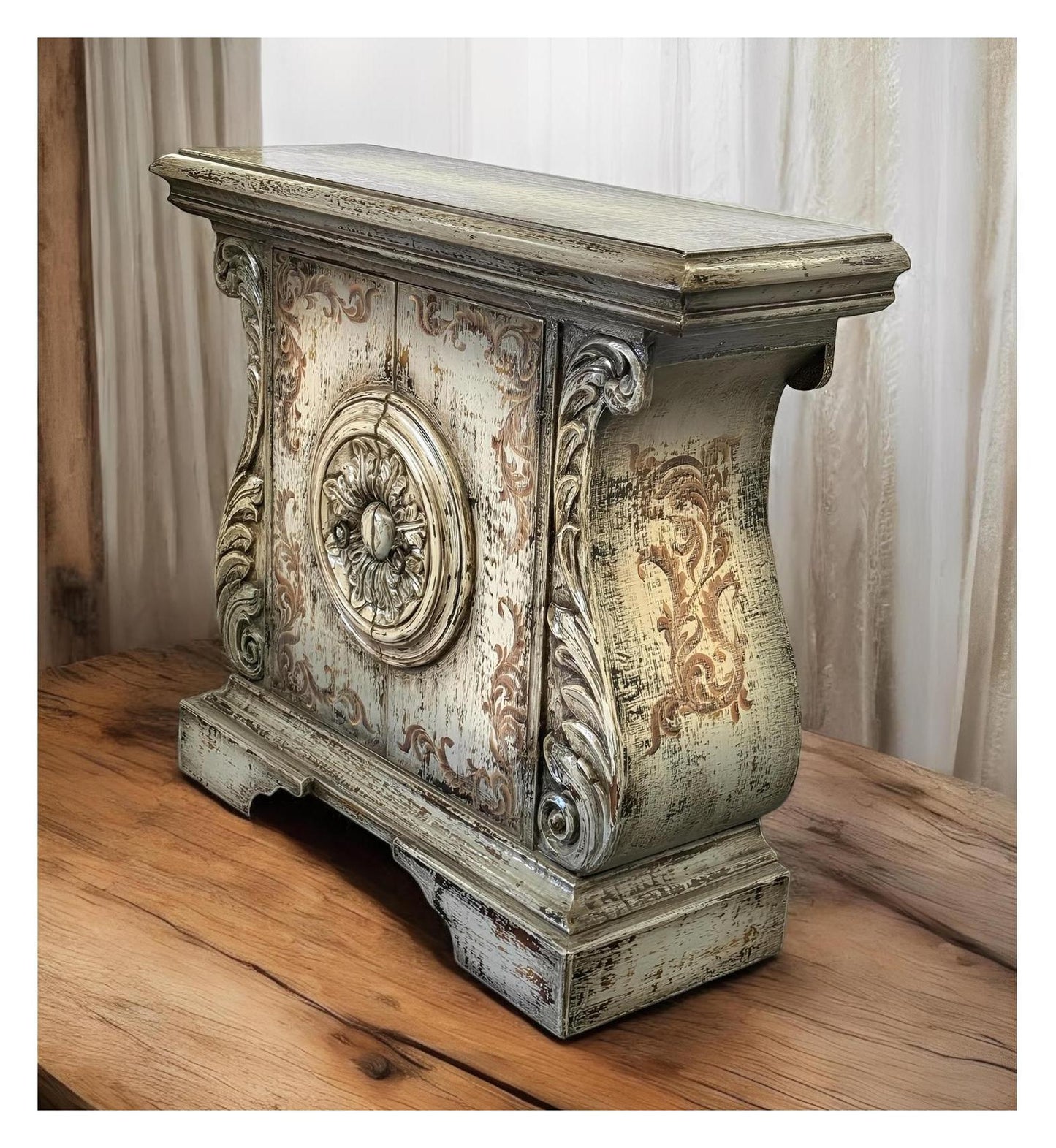 Bréhat Chest, Distressed White Finish, Carved Rosette Center With Ornate Scrolls And Weathered Patina