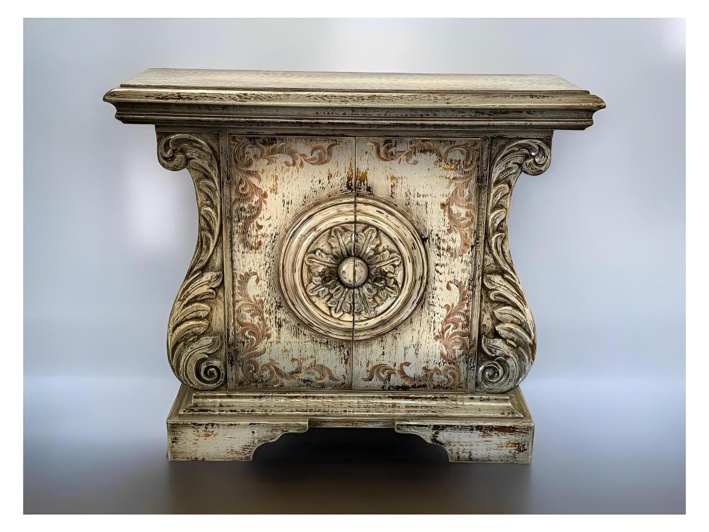 Bréhat Chest, Distressed White Finish, Carved Rosette Center With Ornate Scrolls And Weathered Patina