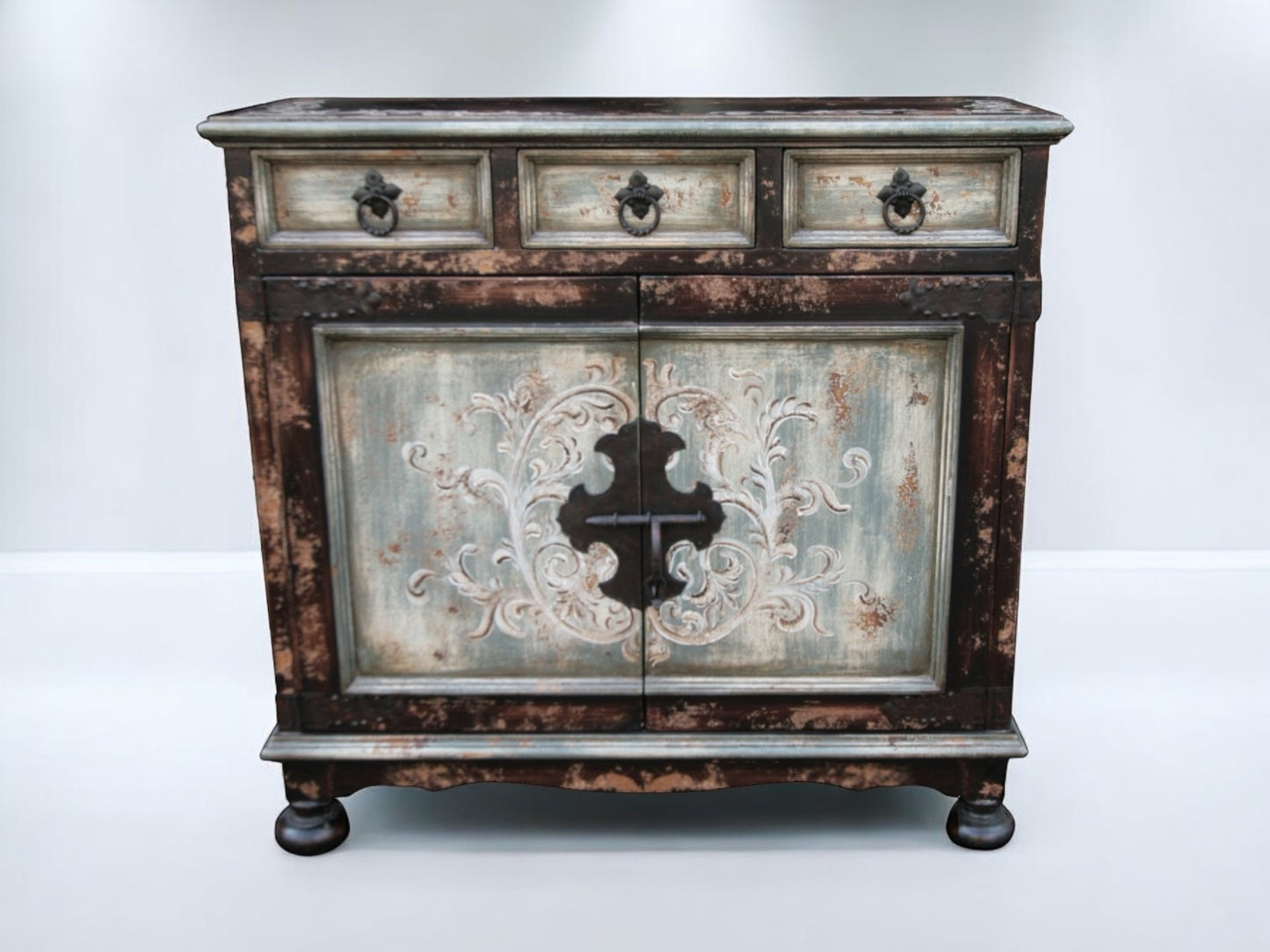 Sorgue Chest, Antique Teal, Ornate Carved Floral Front Panels With Distressed Finish