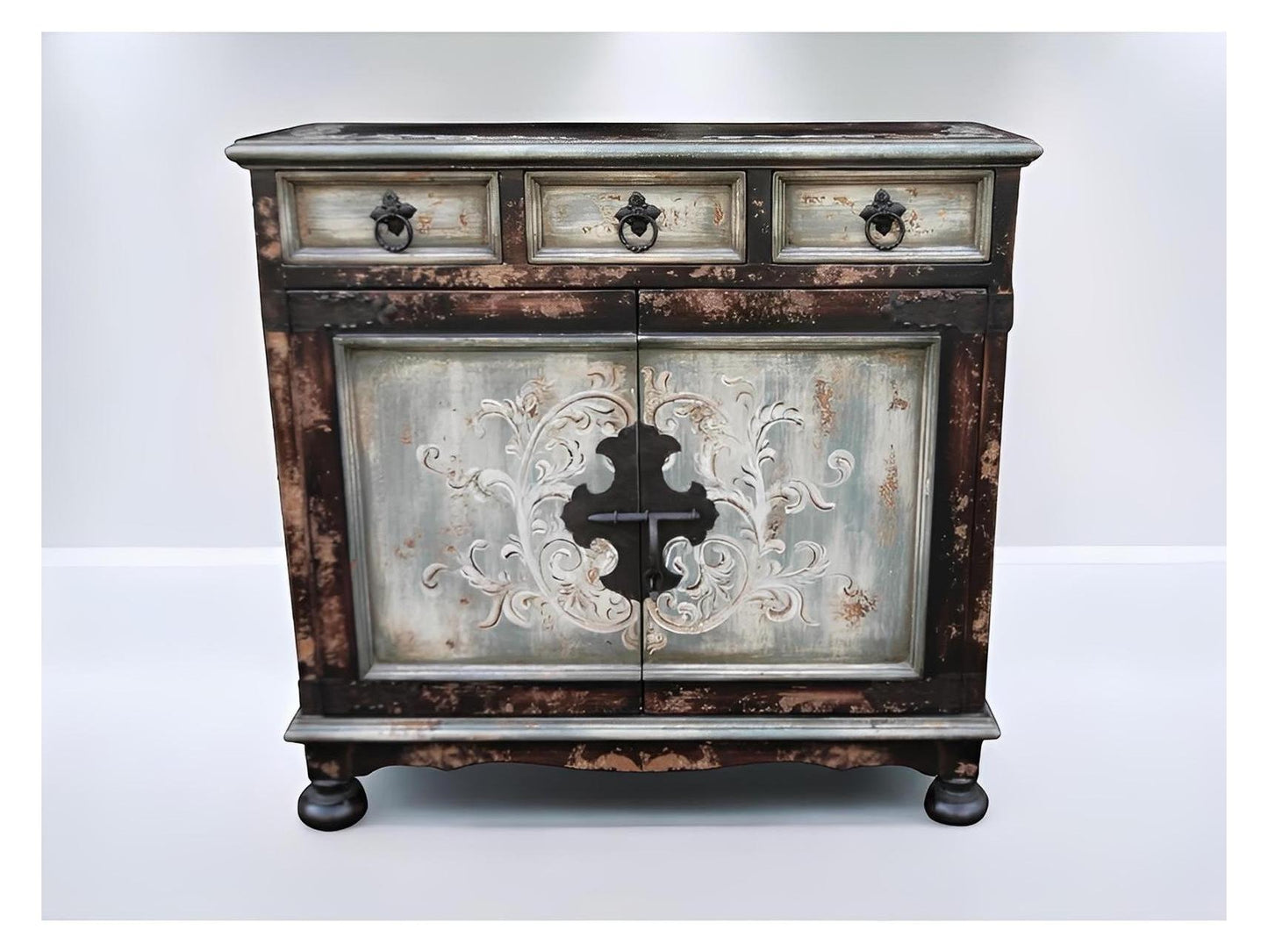 Sorgue Chest, Antique Teal, Ornate Carved Floral Front Panels With Distressed Finish
