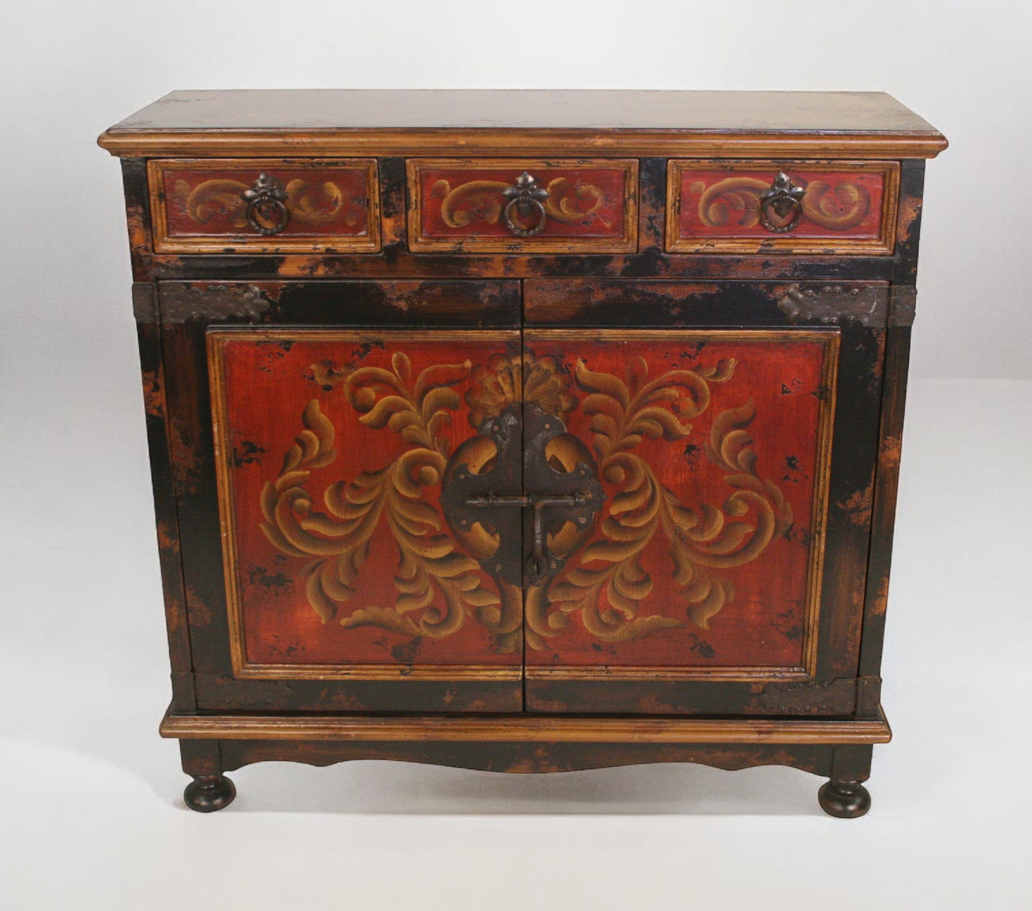 Kaysersberg Chest, Red With Black Distressed Finish, Hand Painted Floral Panels And Gold Trim