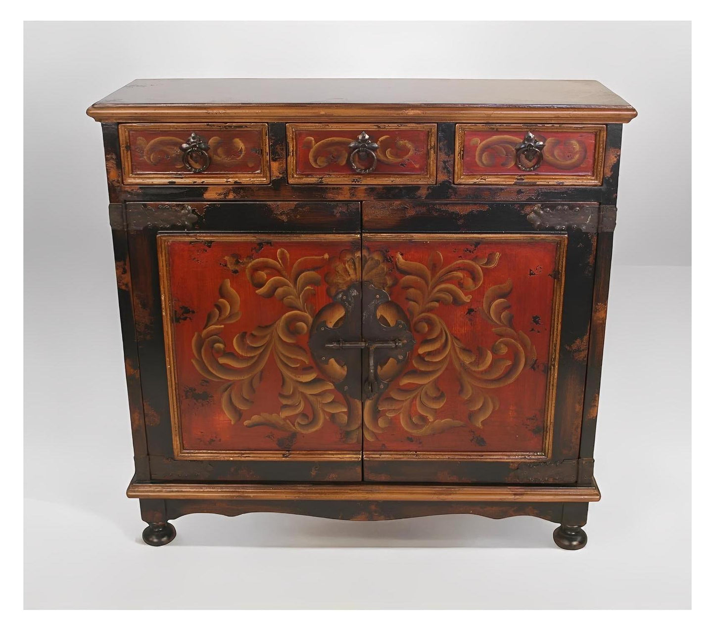 Kaysersberg Chest, Red With Black Distressed Finish, Hand Painted Floral Panels And Gold Trim