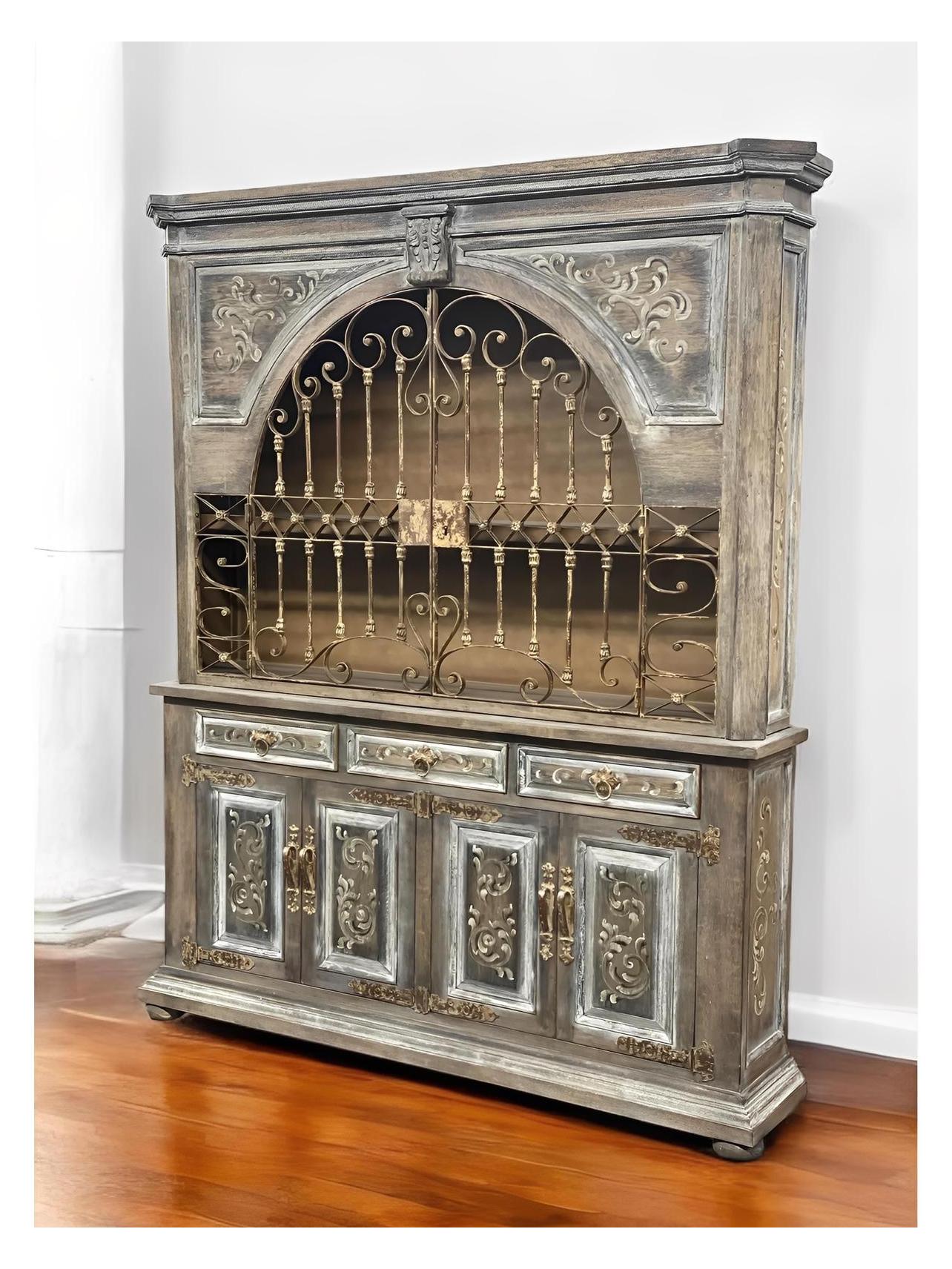 Chenonceau Dining Room Buffet Table & Hutch With Ornate Ironwork Doors - 15 x 78 x 92