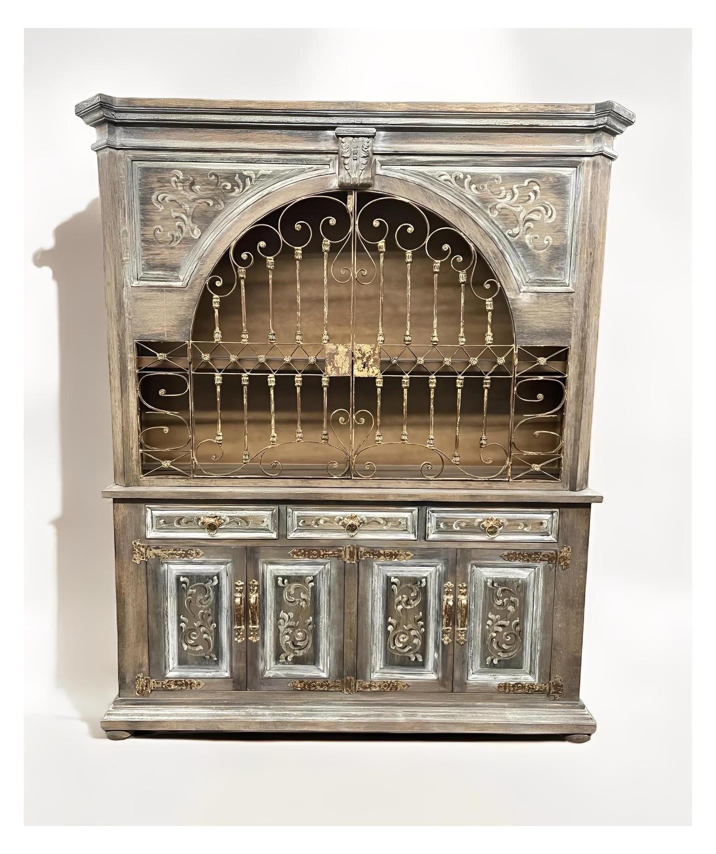 Chenonceau Dining Room Buffet Table & Hutch With Ornate Ironwork Doors - 15 x 78 x 92