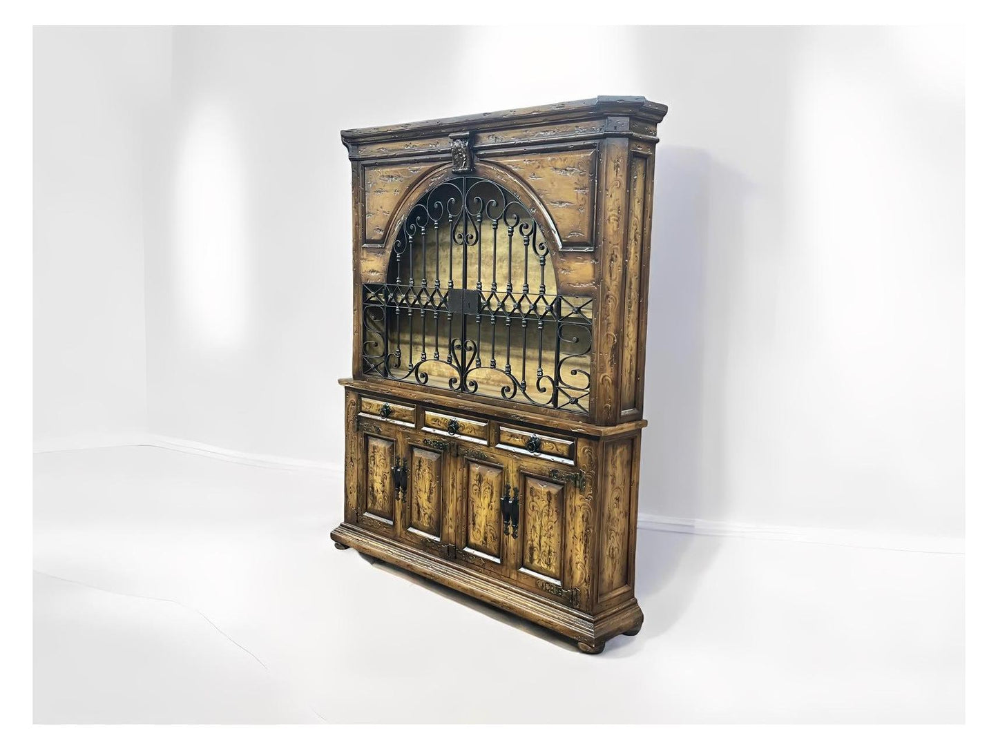 Rivau Heritage Dining Room Buffet Table & Hutch in Rustic Walnut With Wrought Iron Grille - 15 x 78 x 92