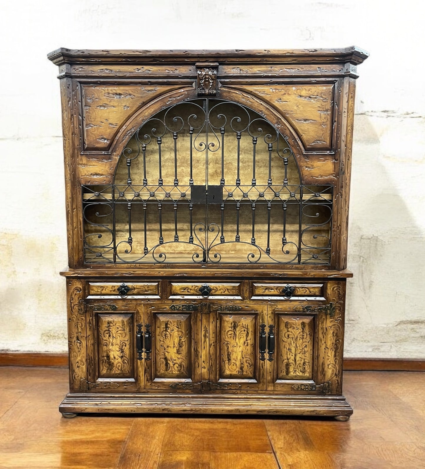 Rivau Heritage Dining Room Buffet Table & Hutch in Rustic Walnut With Wrought Iron Grille - 15 x 78 x 92