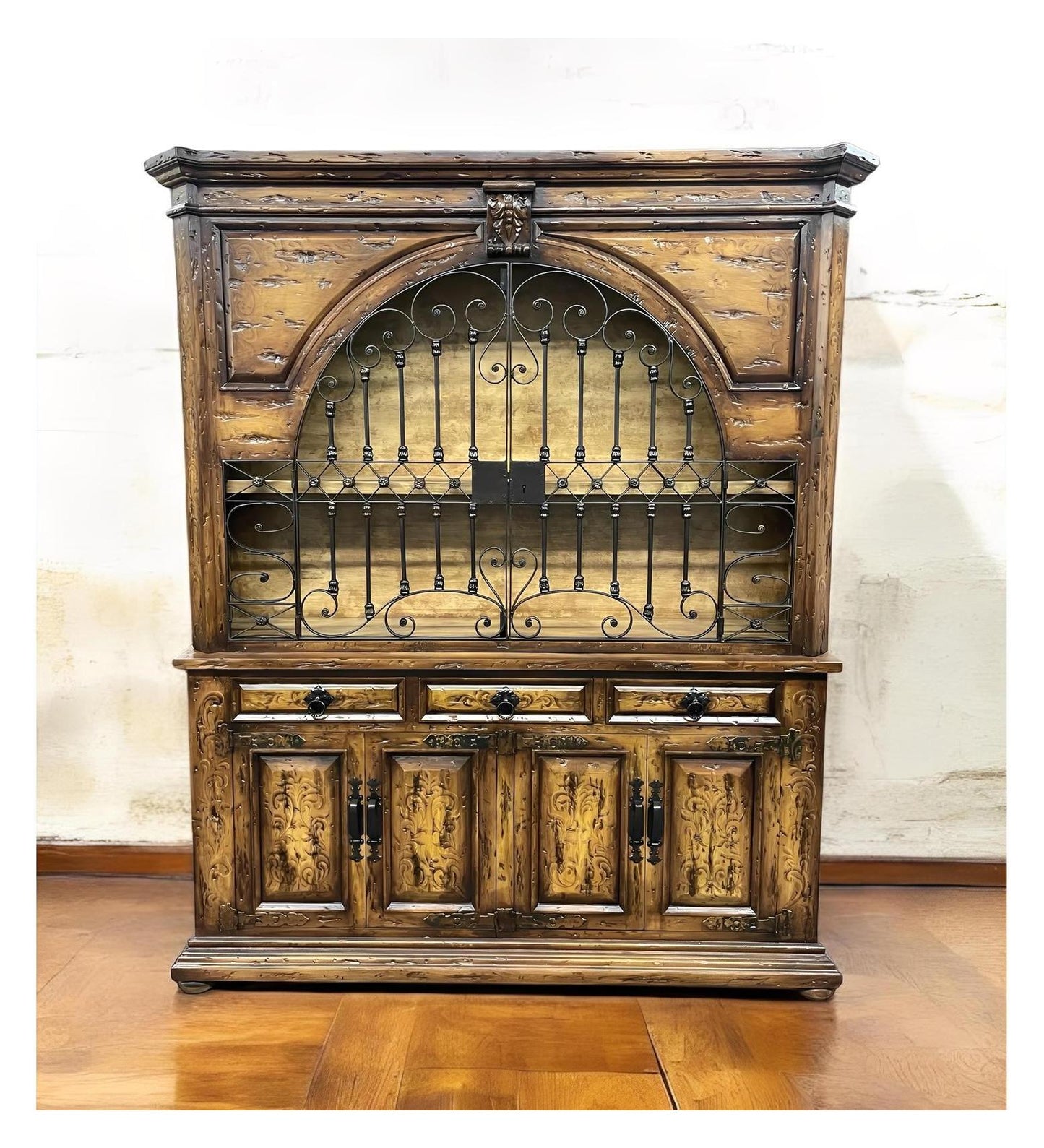 Rivau Heritage Dining Room Buffet Table & Hutch in Rustic Walnut With Wrought Iron Grille - 15 x 78 x 92