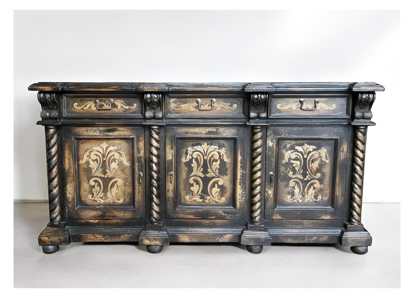 Chambord-Inspired Noir Antique Black Dining Sideboard Buffet Table with Gold Trim