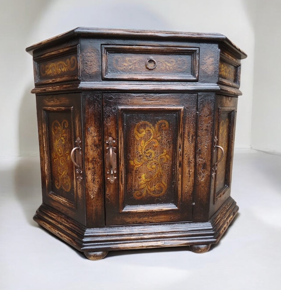 La Réole Chest, Dark Antique Brown, Hand Painted Gold Filigree And Distressed Rustic Finish