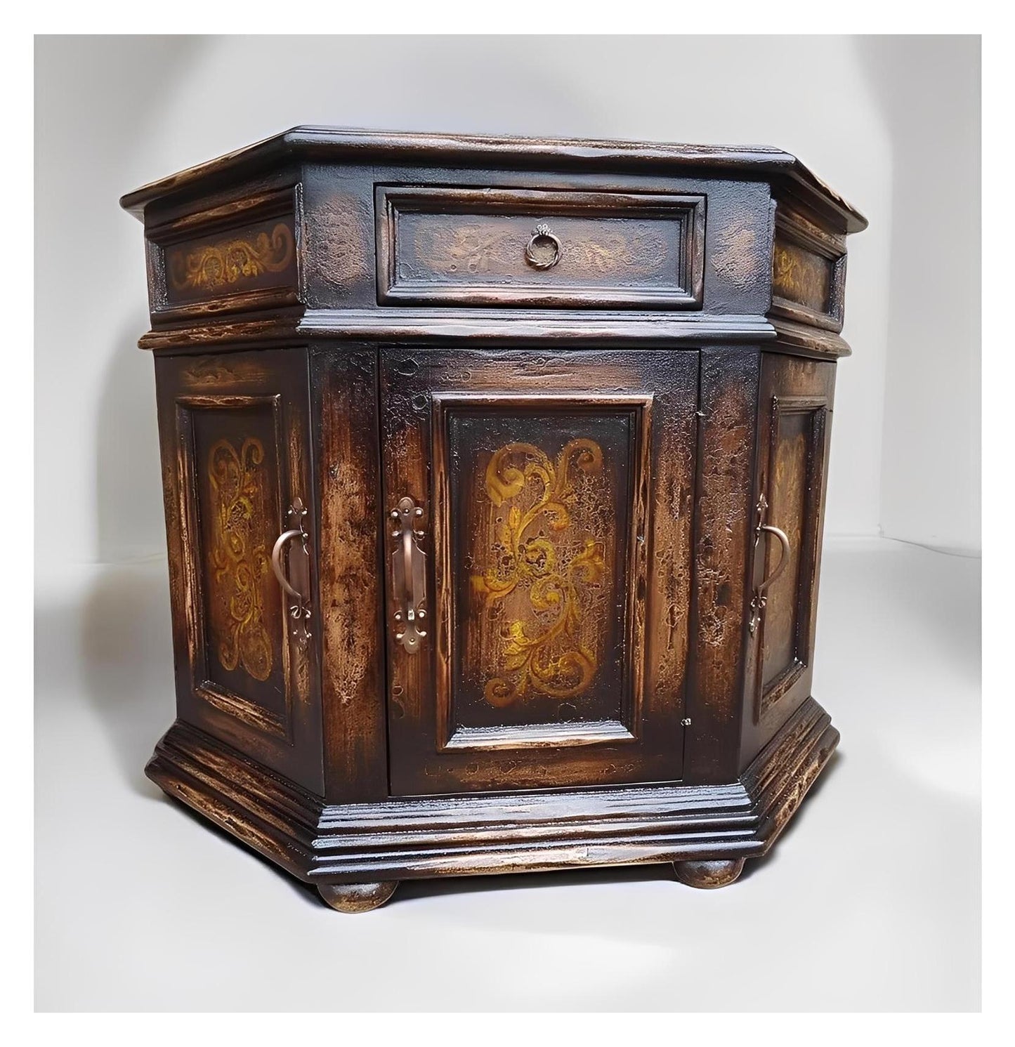 La Réole Chest, Dark Antique Brown, Hand Painted Gold Filigree And Distressed Rustic Finish