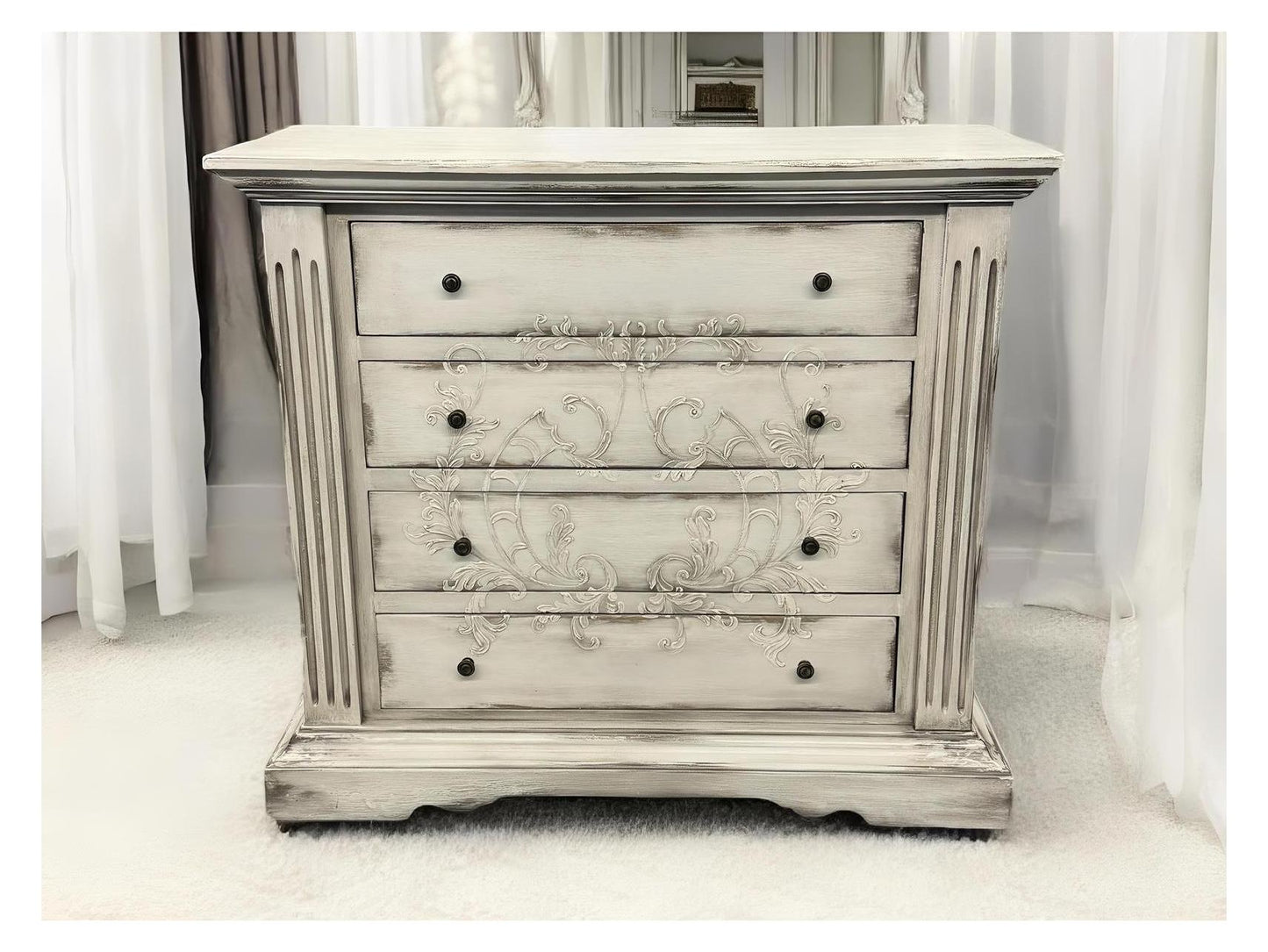 Alessandra Dresser, Distressed Whitewashed Gray, Hand-Carved Floral Scrollwork On Front Drawers