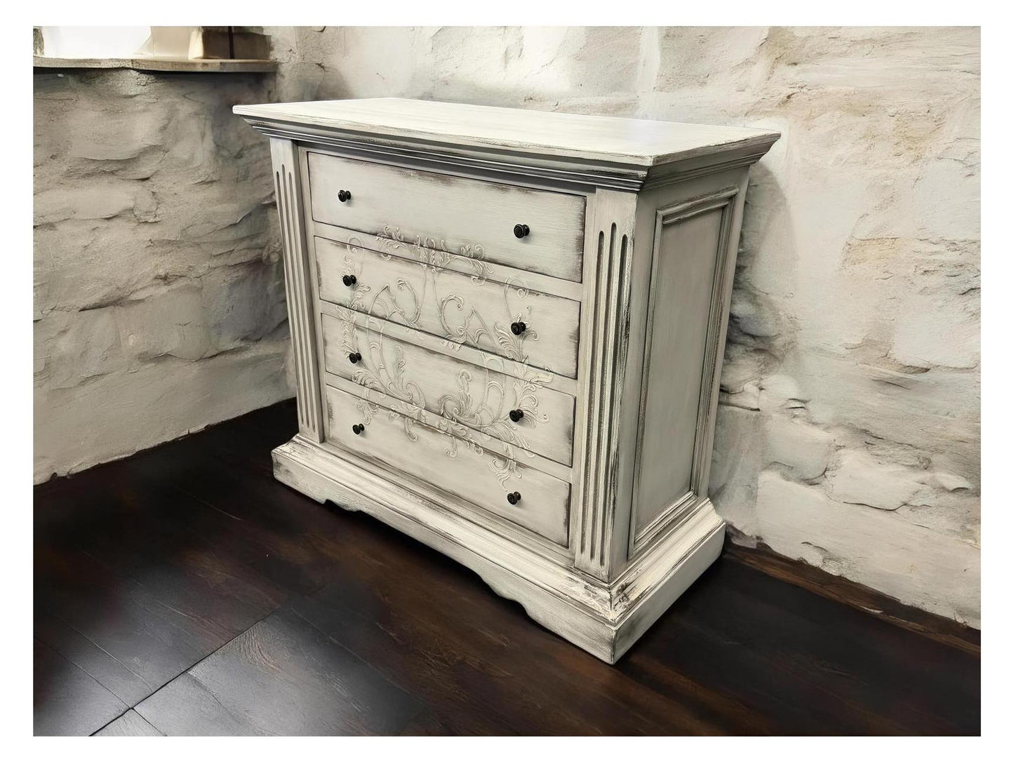 Alessandra Dresser, Distressed Whitewashed Gray, Hand-Carved Floral Scrollwork On Front Drawers