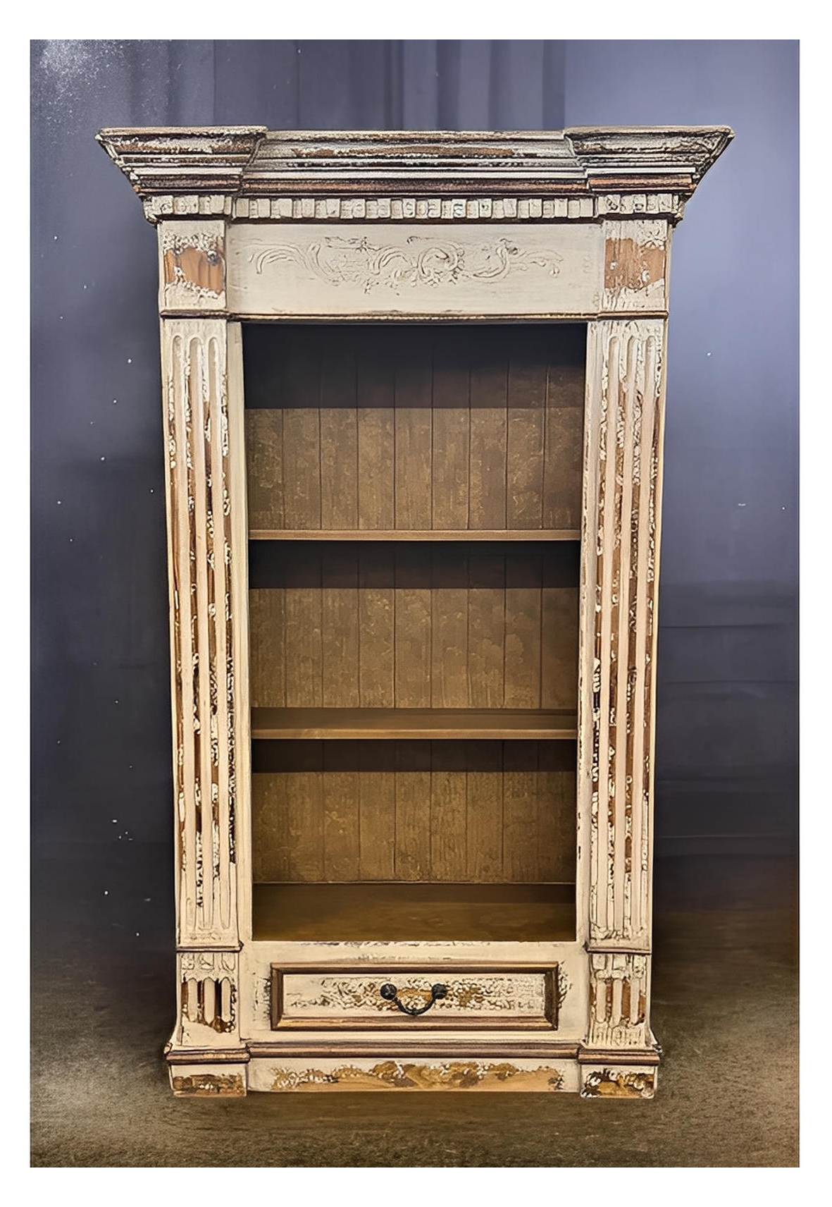Chinon Bookcase, Distressed White, Mantel Style With Carved Details And Fluted Pillars