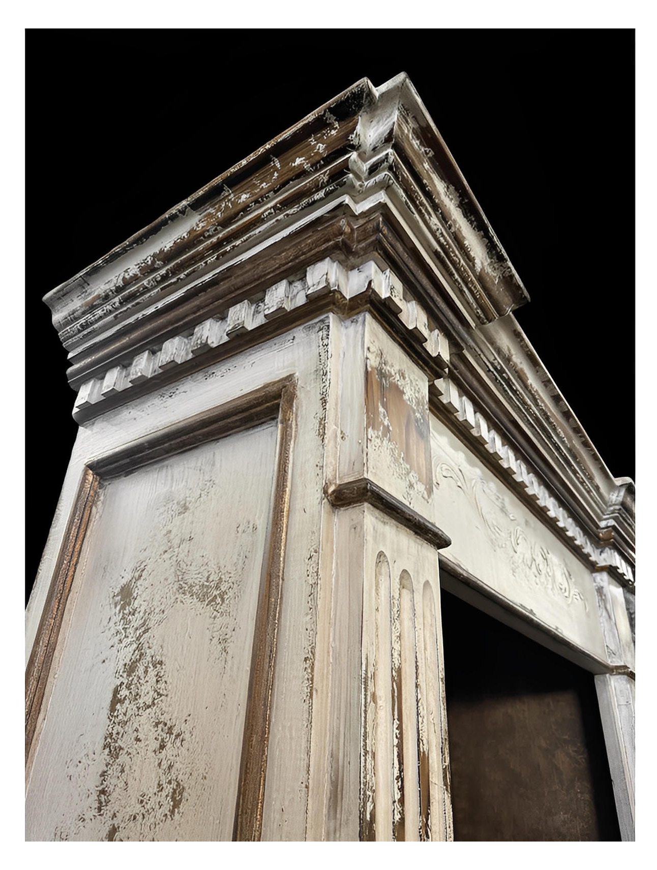 Chinon Bookcase, Distressed White, Mantel Style With Carved Details And Fluted Pillars