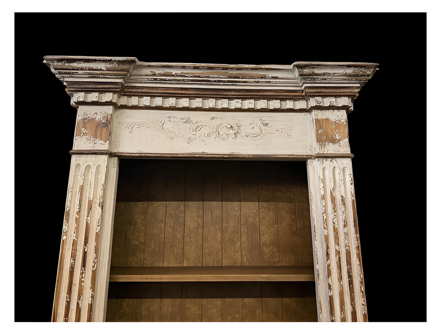 Chinon Bookcase, Distressed White, Mantel Style With Carved Details And Fluted Pillars