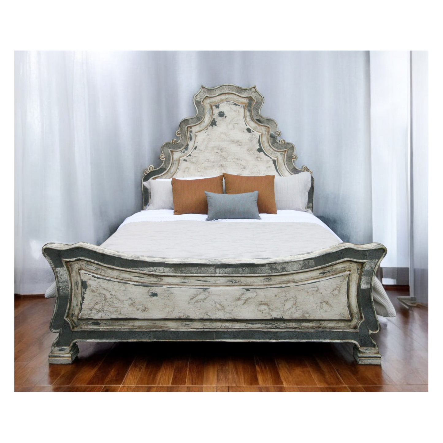 Ella Bed 82" Tall | Reverse-Painted Glass Border | Distressed French European Style | White & Gray Finish | Bed Only | Includes Delivery and Assembly