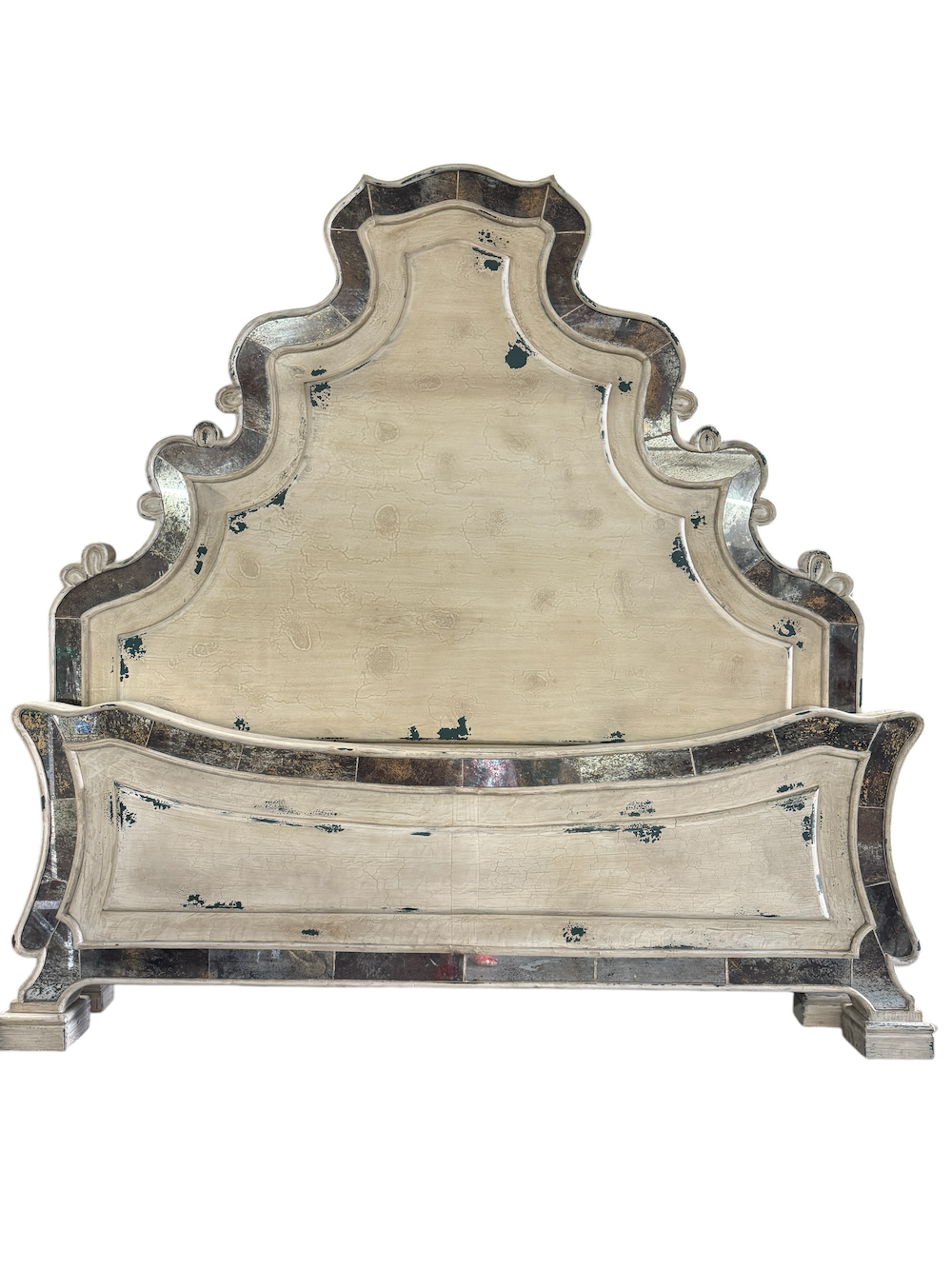 Sophie King Bed 82" Tall | Reverse-Painted Glass Border | Distressed French European Style | White & Gray Finish | Bed Only | Includes Delivery and Assembly