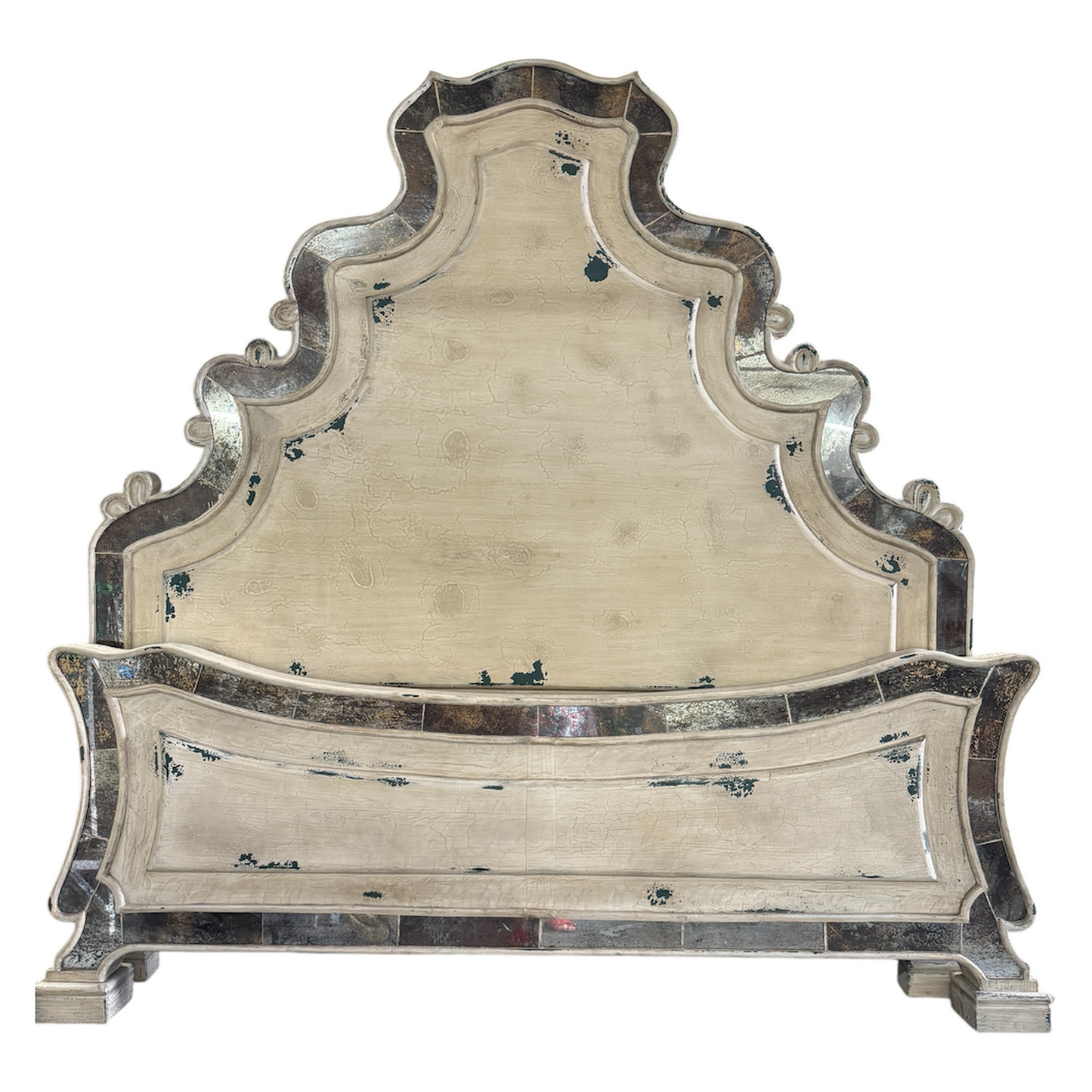 Ella Bed 82" Tall | Reverse-Painted Glass Border | Distressed French European Style | White & Gray Finish | Bed Only | Includes Delivery and Assembly