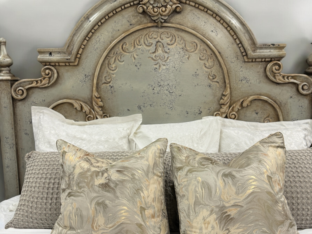 MONTELENA KING BED RUSTIC SILVER 87.5" Tall | Disressed French European Style | Carved Solid Wood Frame | Bed Only | Includes Delivery and Assembly