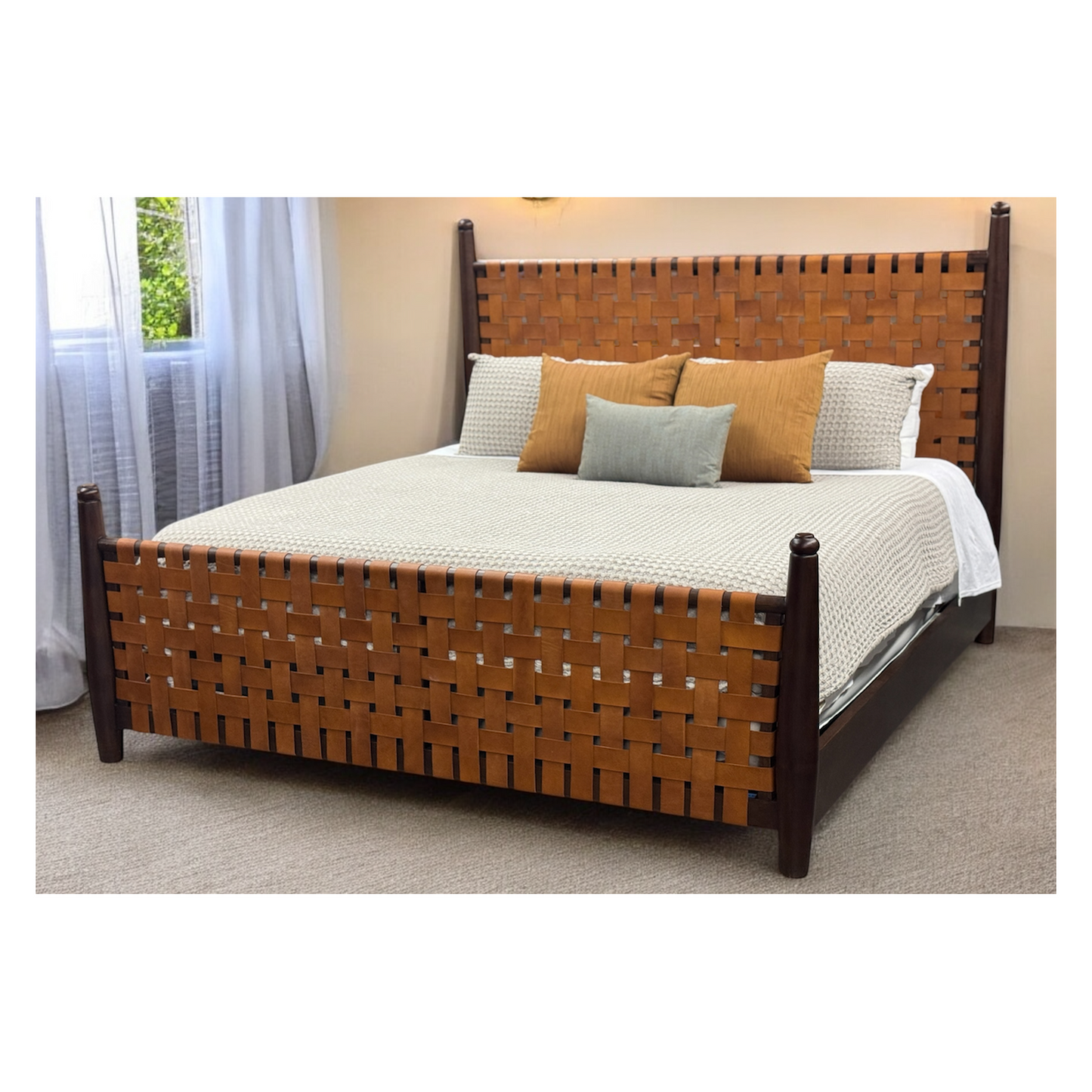 Maison Bed | Tan Woven Leather Headboard, Footboard, Dark Brown Wooden Frame | Bed Only | Includes Delivery and Assembly