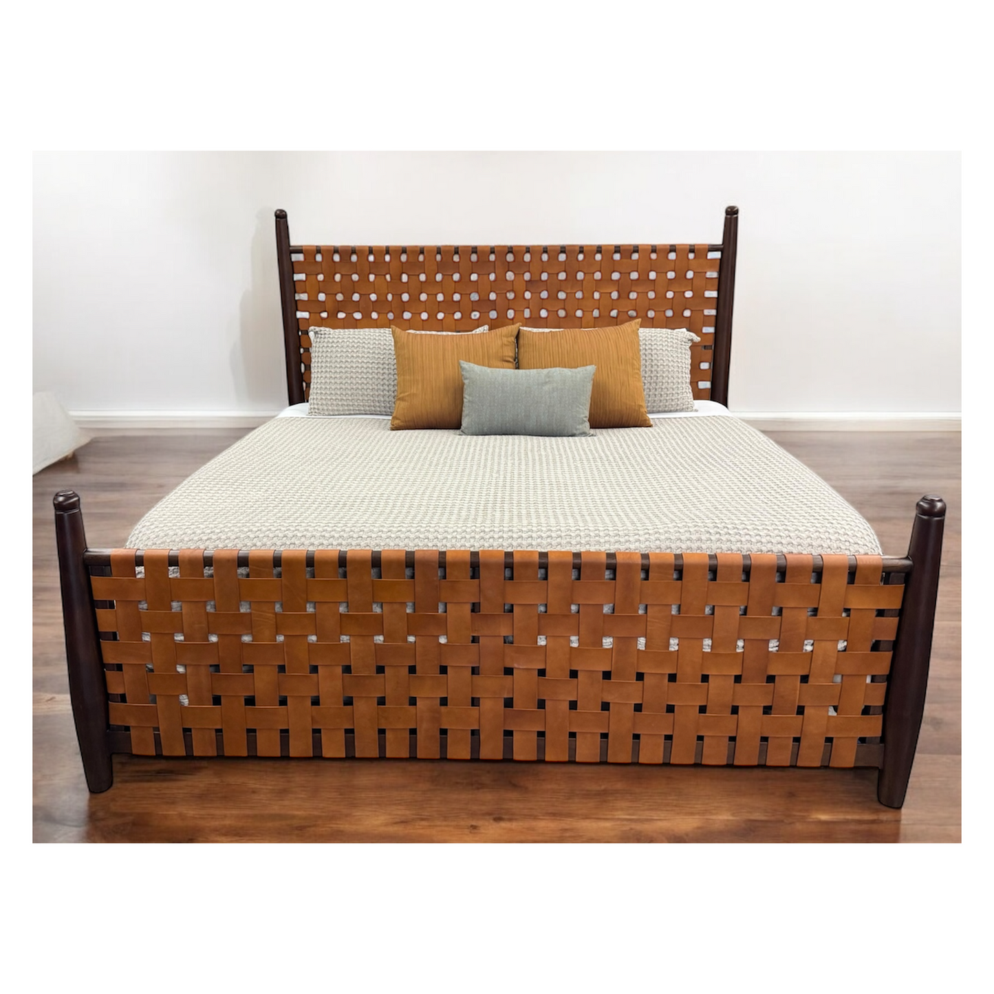 Maison Bed | Tan Woven Leather Headboard, Footboard, Dark Brown Wooden Frame | Bed Only | Includes Delivery and Assembly