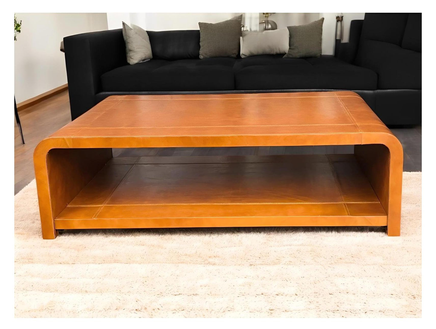 Ribeauvillé Coffee table - Rectangle, Cognac Leather, Open Lower Shelf With Rounded Corners