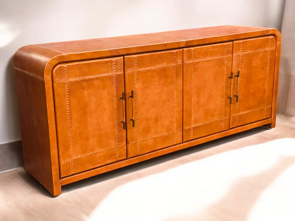 Villesavin Cognac Leather Handcrafted Dining Room Buffet Table - 19 x 78 x 33