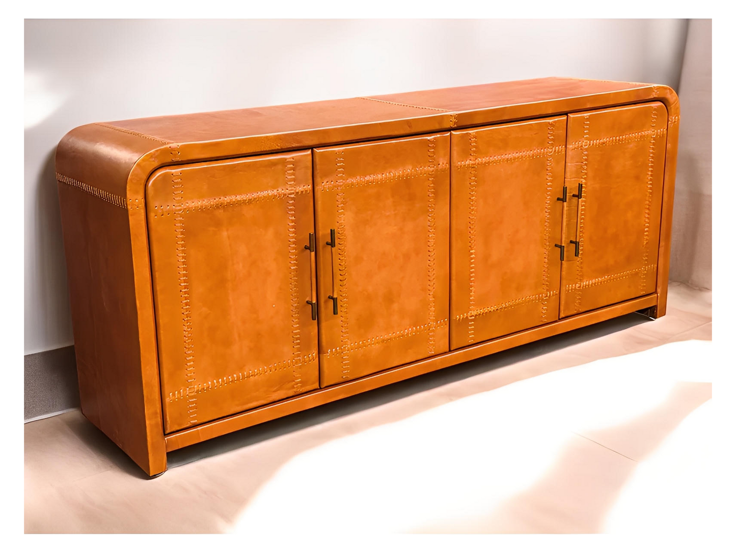 Villesavin Cognac Leather Handcrafted Dining Room Buffet Table - 19 x 78 x 33