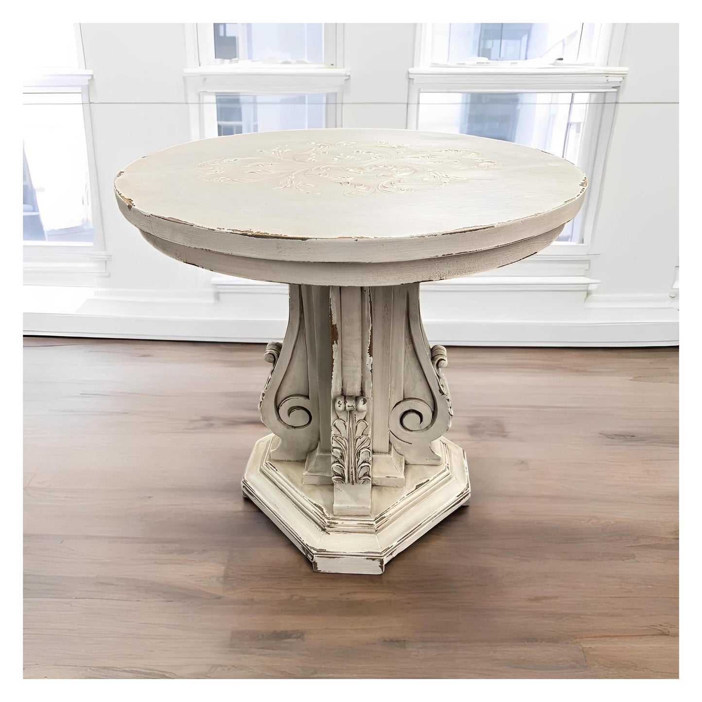 Vallon-Pont-d’Arc End Tables (2-Pack), Distressed White, Carved Acanthus Leaf Pedestal