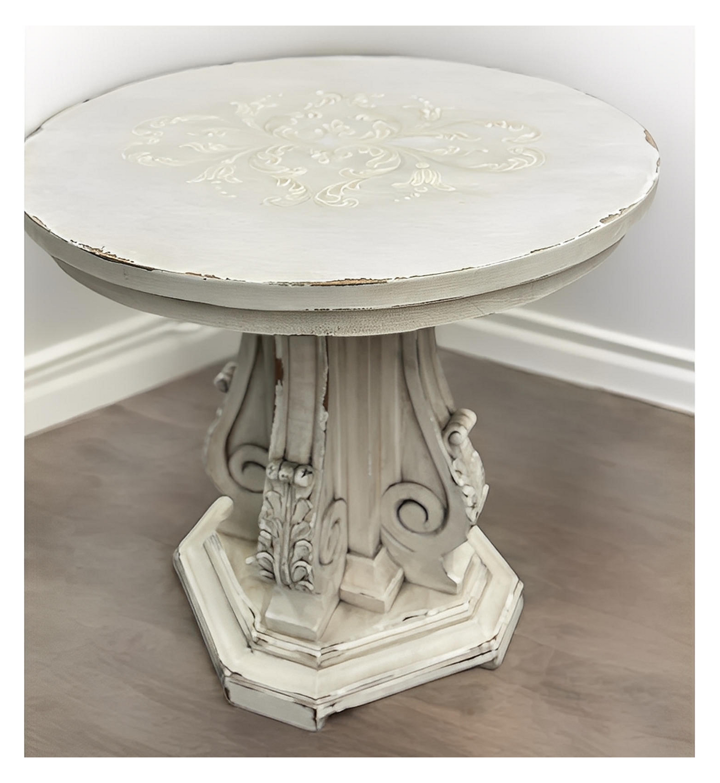 Vallon-Pont-d’Arc End Tables (2-Pack), Distressed White, Carved Acanthus Leaf Pedestal