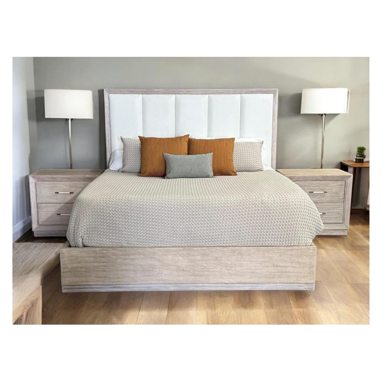 Perpignan Coastal Bed White Leather Headboard Wood Frame