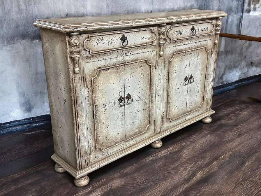 Blois-Inspired Ivory Distressed European Handcrafted Dining Buffet Table