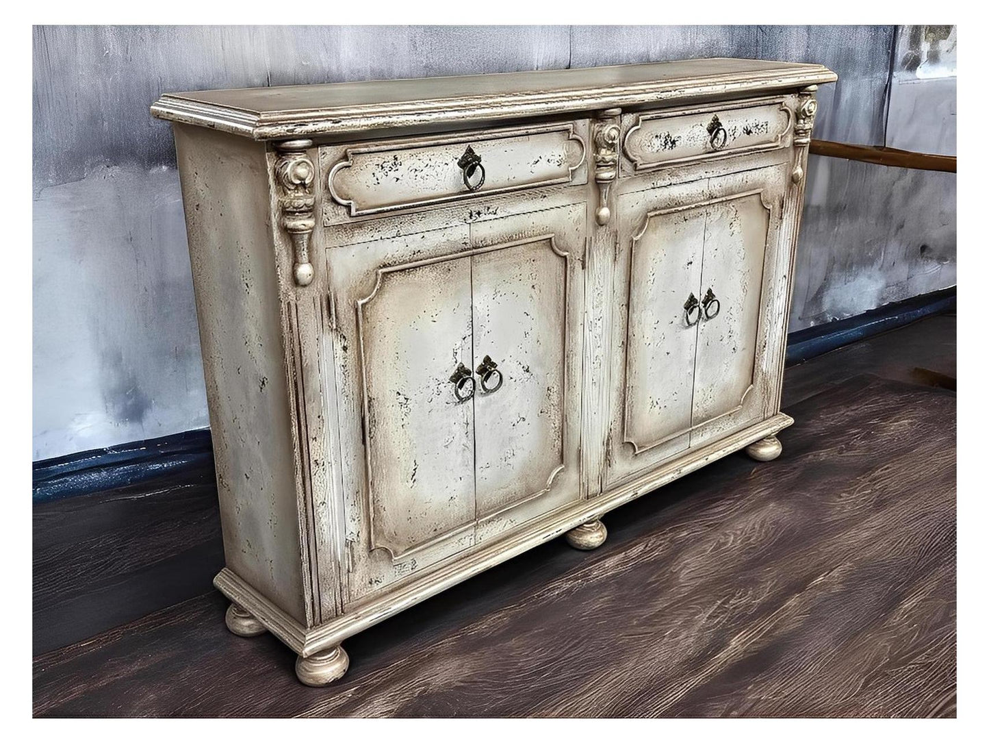 Blois-Inspired Ivory Distressed European Handcrafted Dining Buffet Table