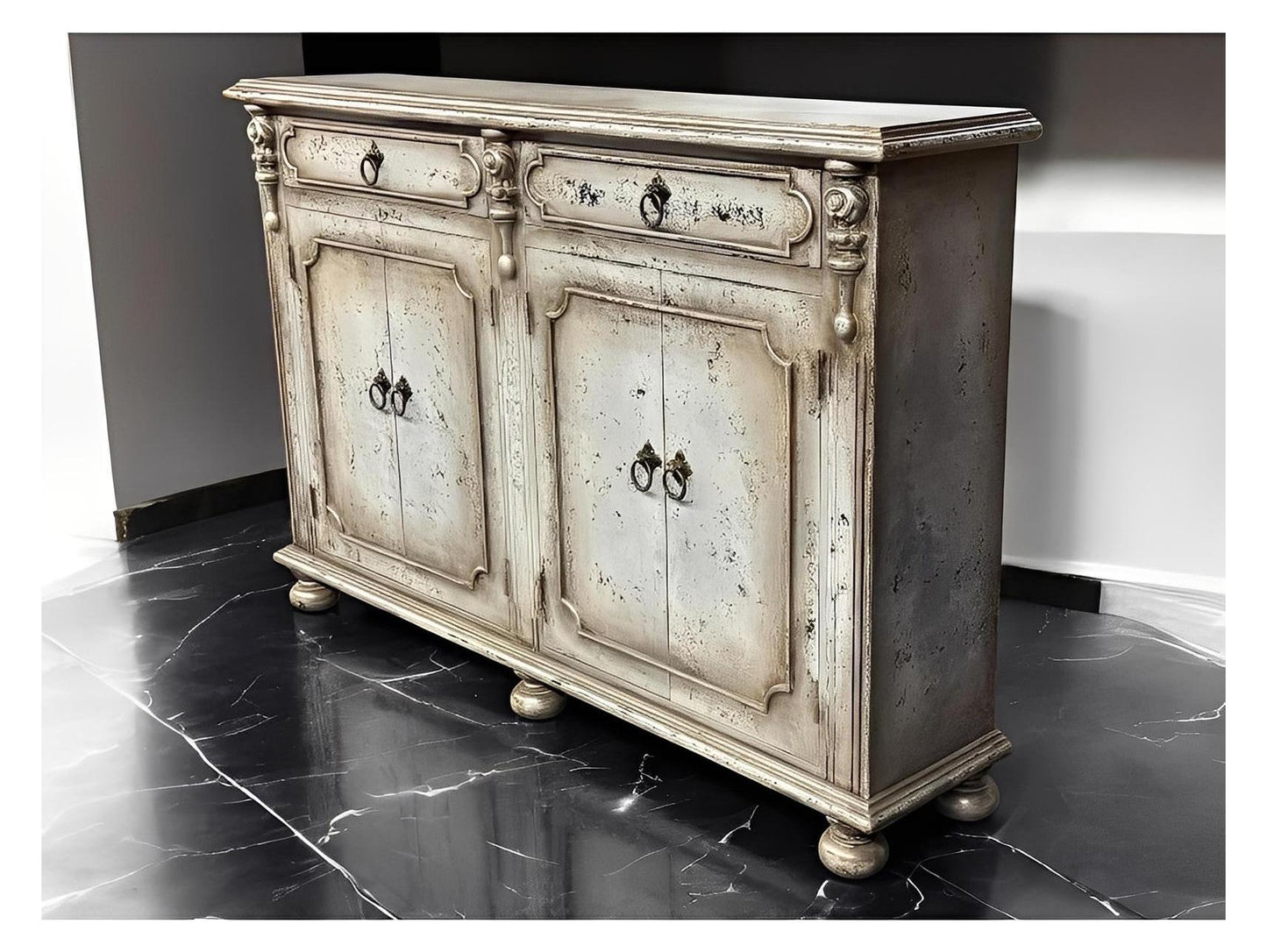 Blois-Inspired Ivory Distressed European Handcrafted Dining Buffet Table