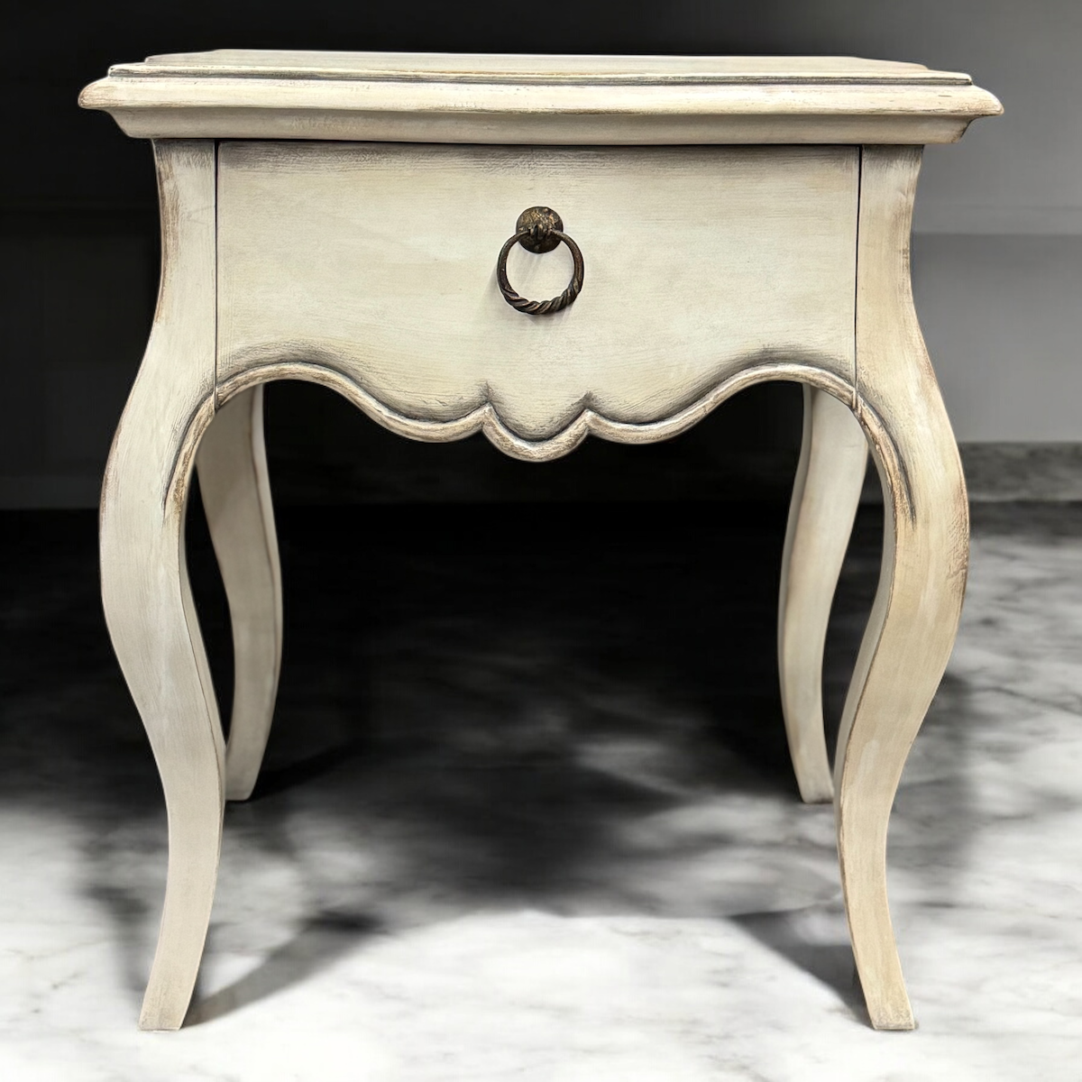 Carantec Nightstands (2-Pack), Distressed White, Curved Cabriole Legs With Ring-Pull Drawer