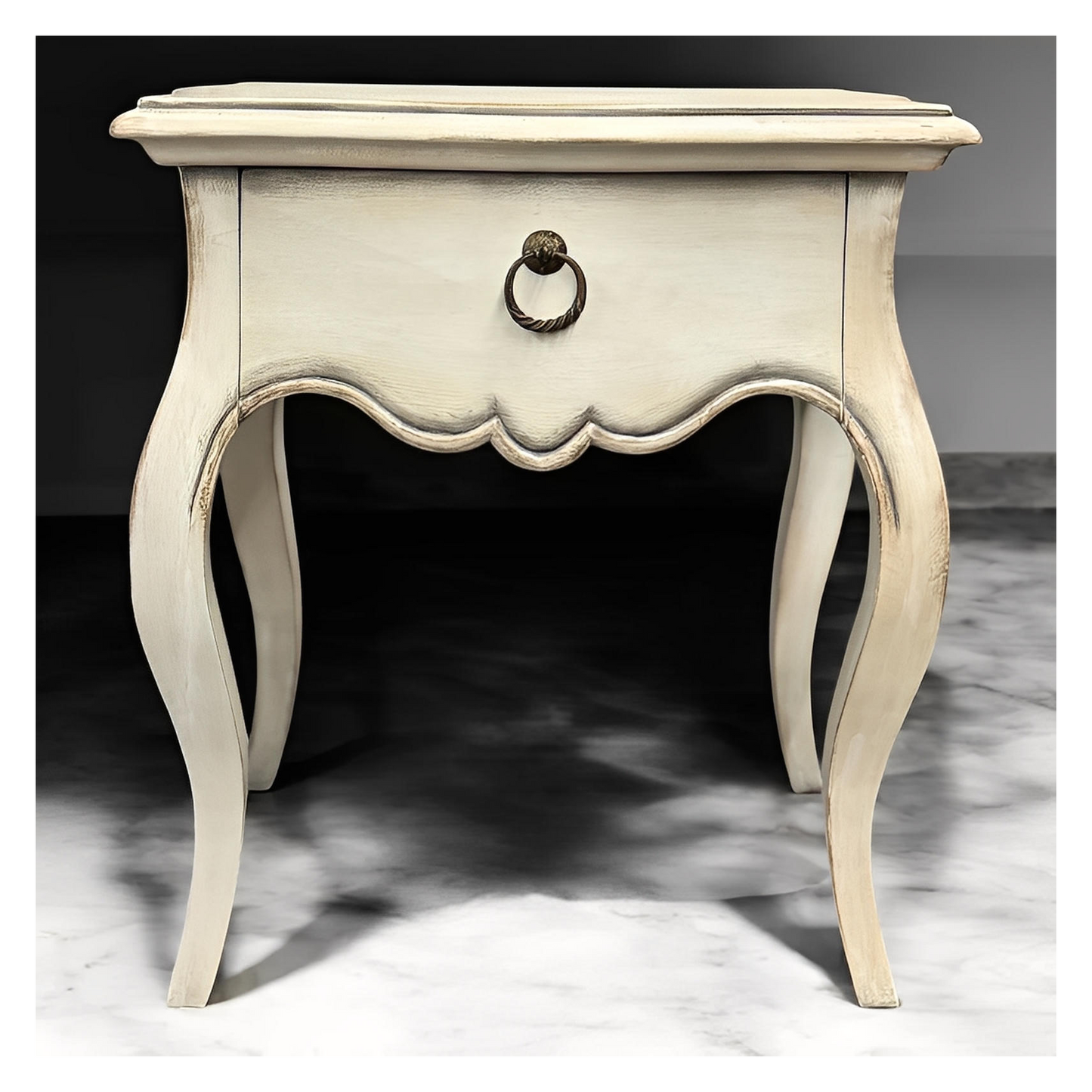 Calista Nightstands (2-Pack), Distressed White, Curved Cabriole Legs With Ring-Pull Drawer