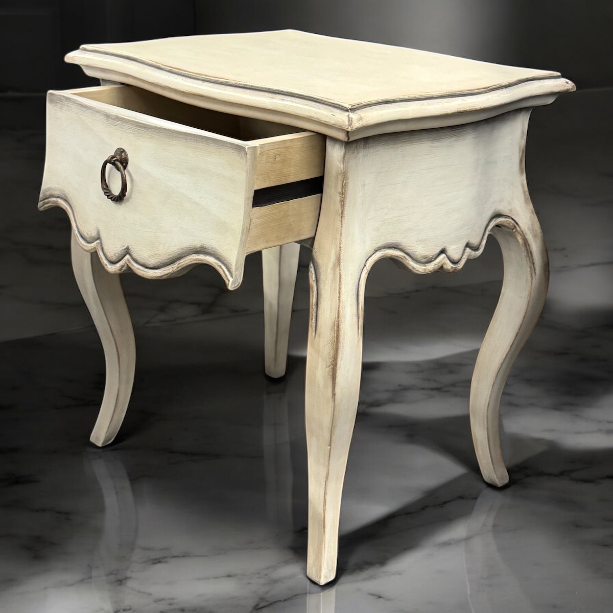 Carantec Nightstands (2-Pack), Distressed White, Curved Cabriole Legs With Ring-Pull Drawer