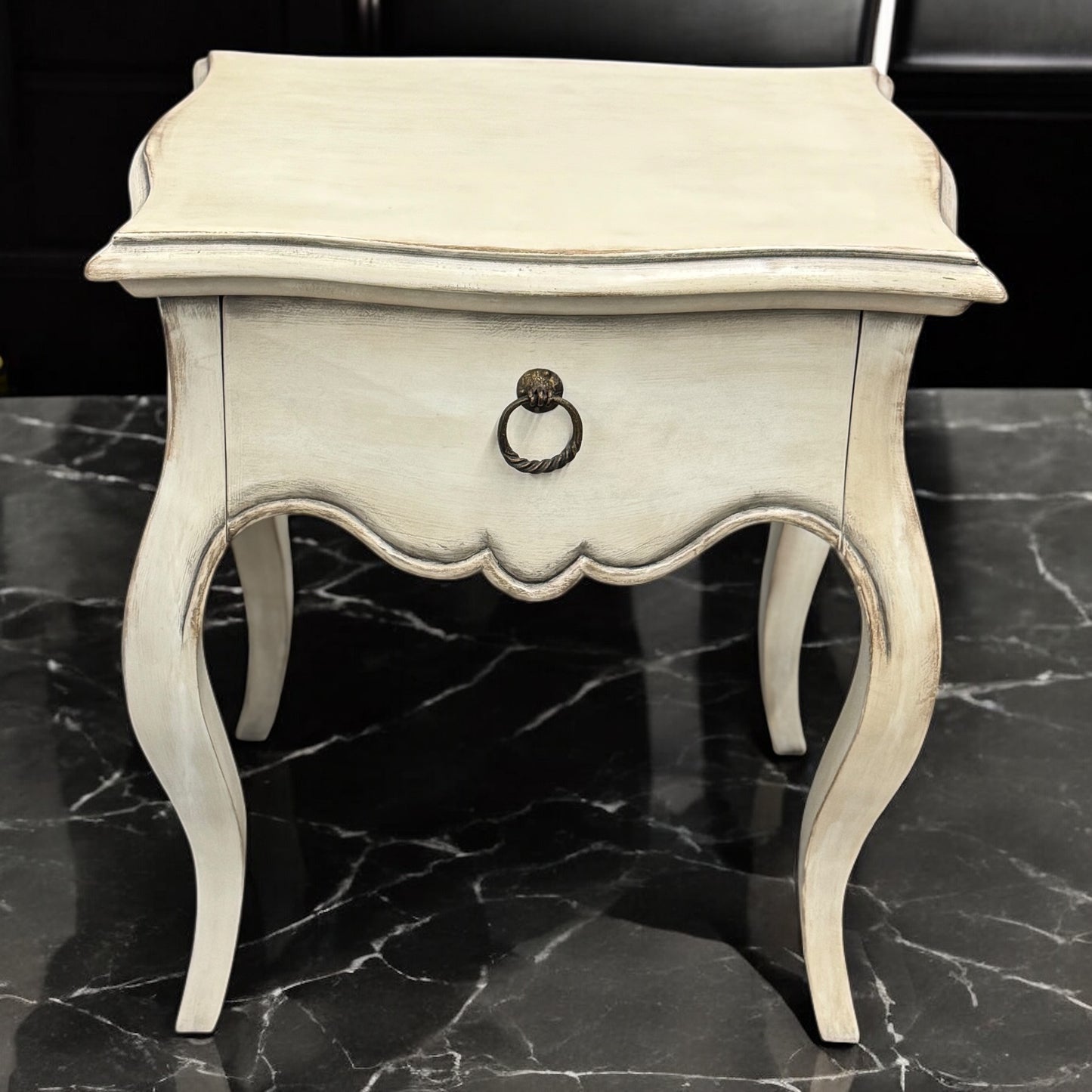 Carantec Nightstands (2-Pack), Distressed White, Curved Cabriole Legs With Ring-Pull Drawer